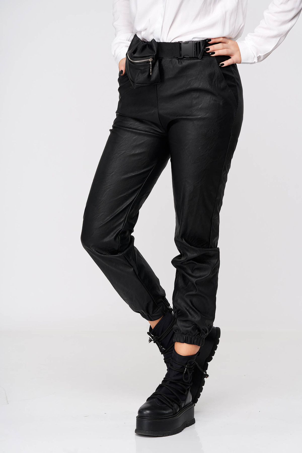 Pantaloni SunShine din piele ecologica negri casual cu talie inalta