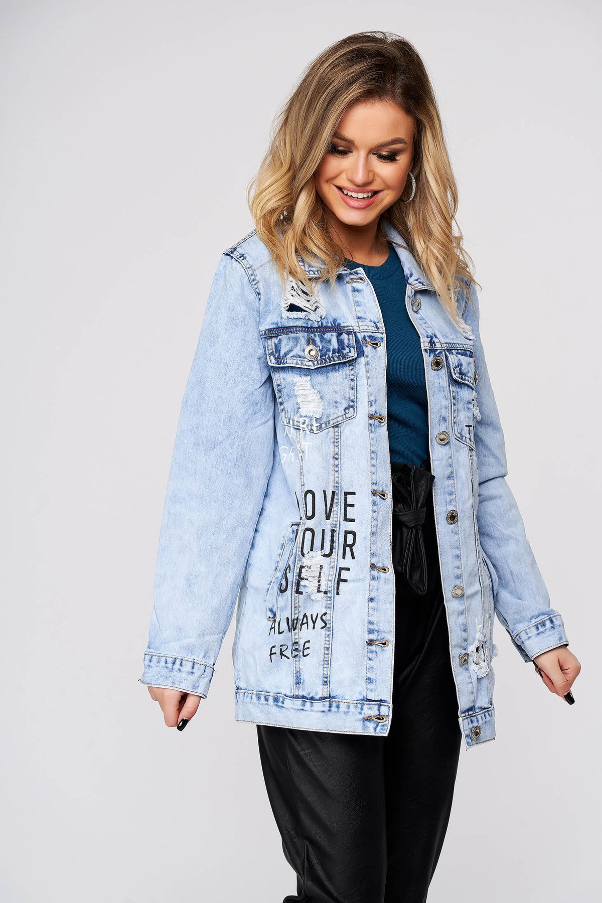 Geaca SunShine albastru-deschis casual din denim cu mici rupturi de material