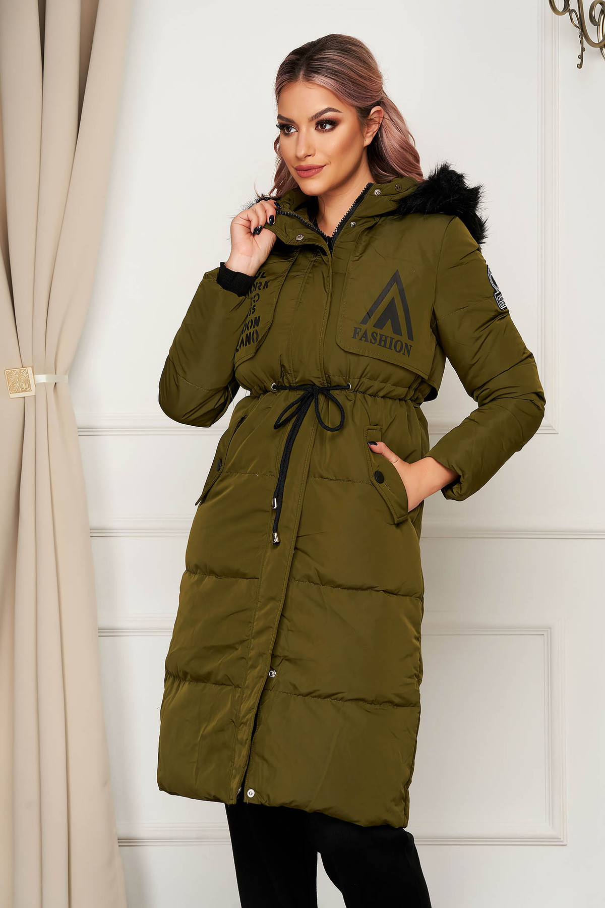 Geaca SunShine verde-inchis casual midi din fas cu snur in talie