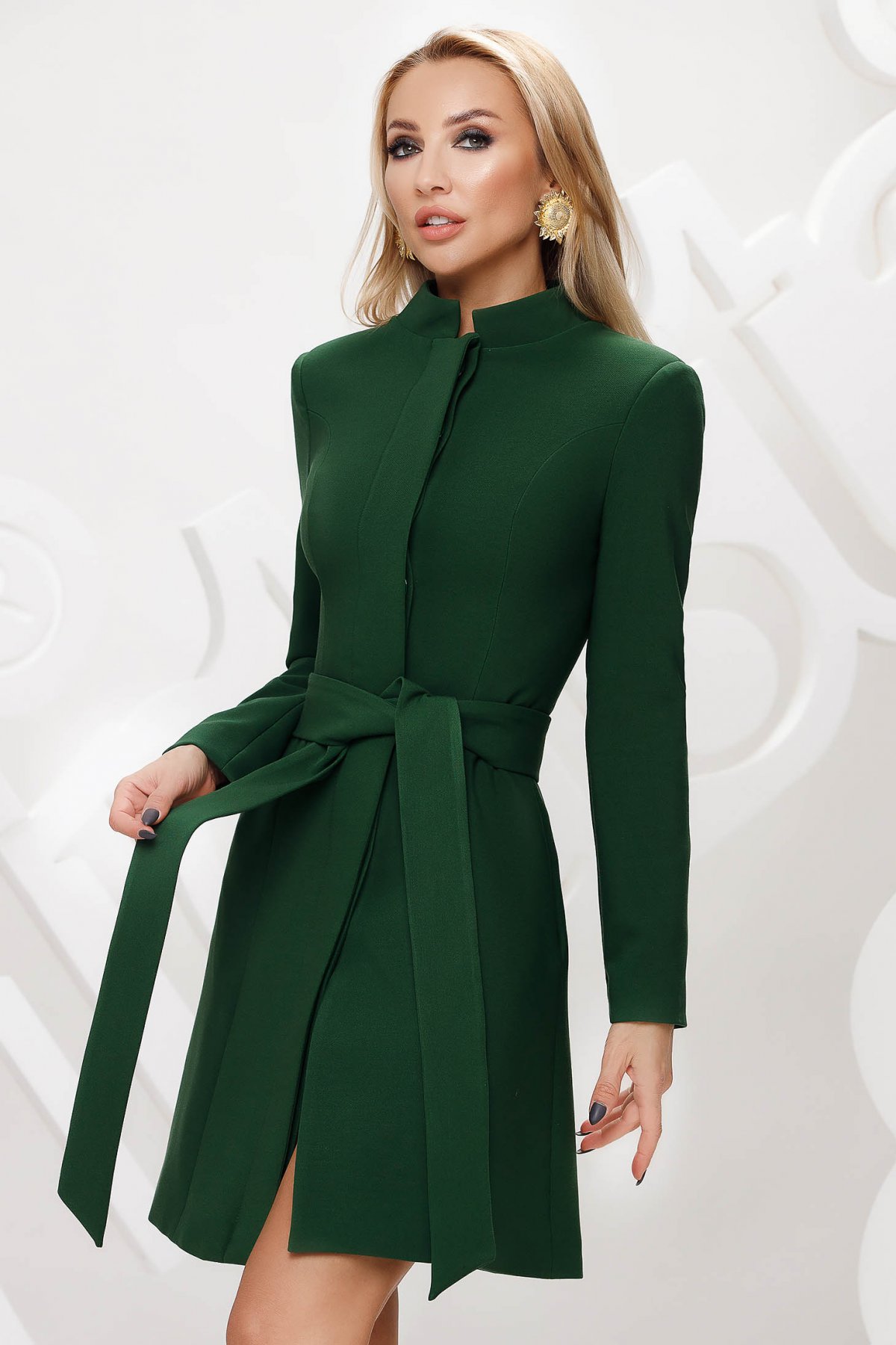Pardesiu Artista verde elegant in clos din stofa accesorizat cu cordon si fundita Artista imagine 2022 13clothing.ro