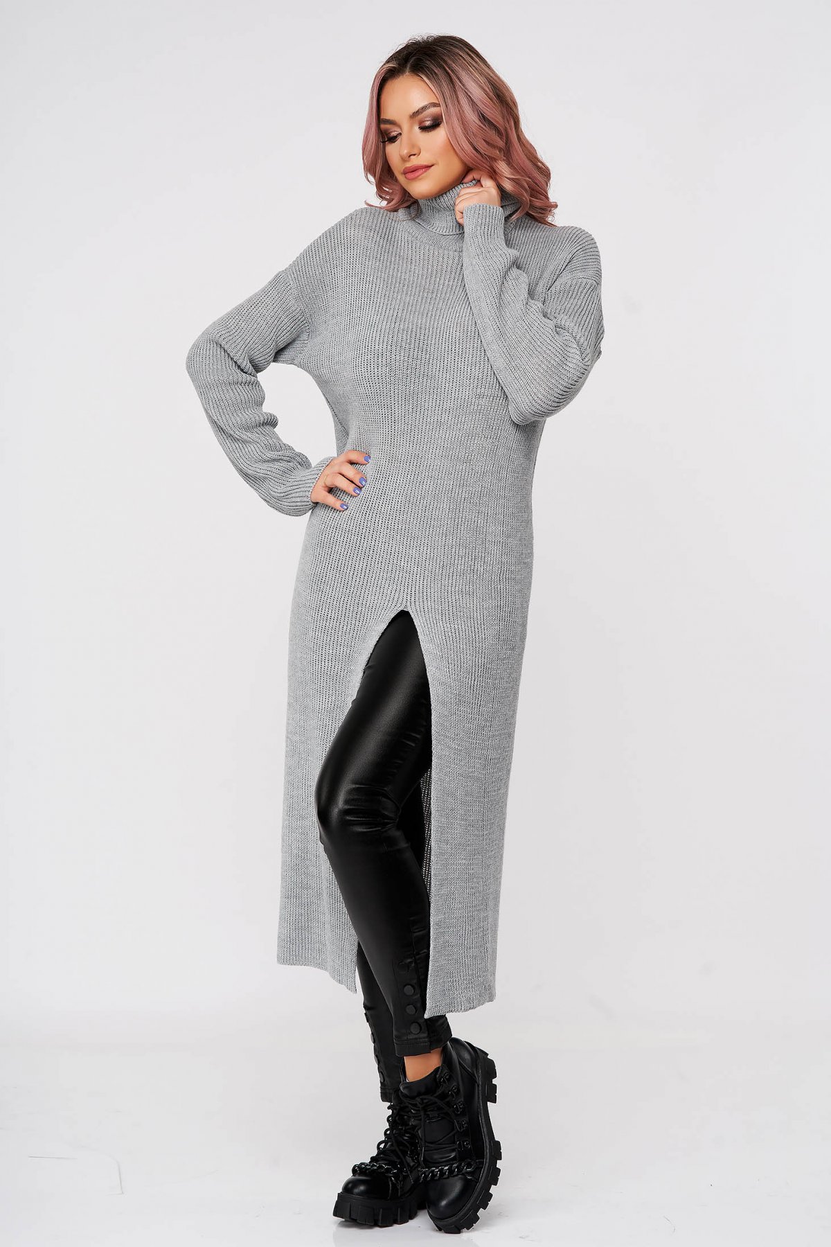 Pulover SunShine gri casual din material tricotat pe gat cu croi larg