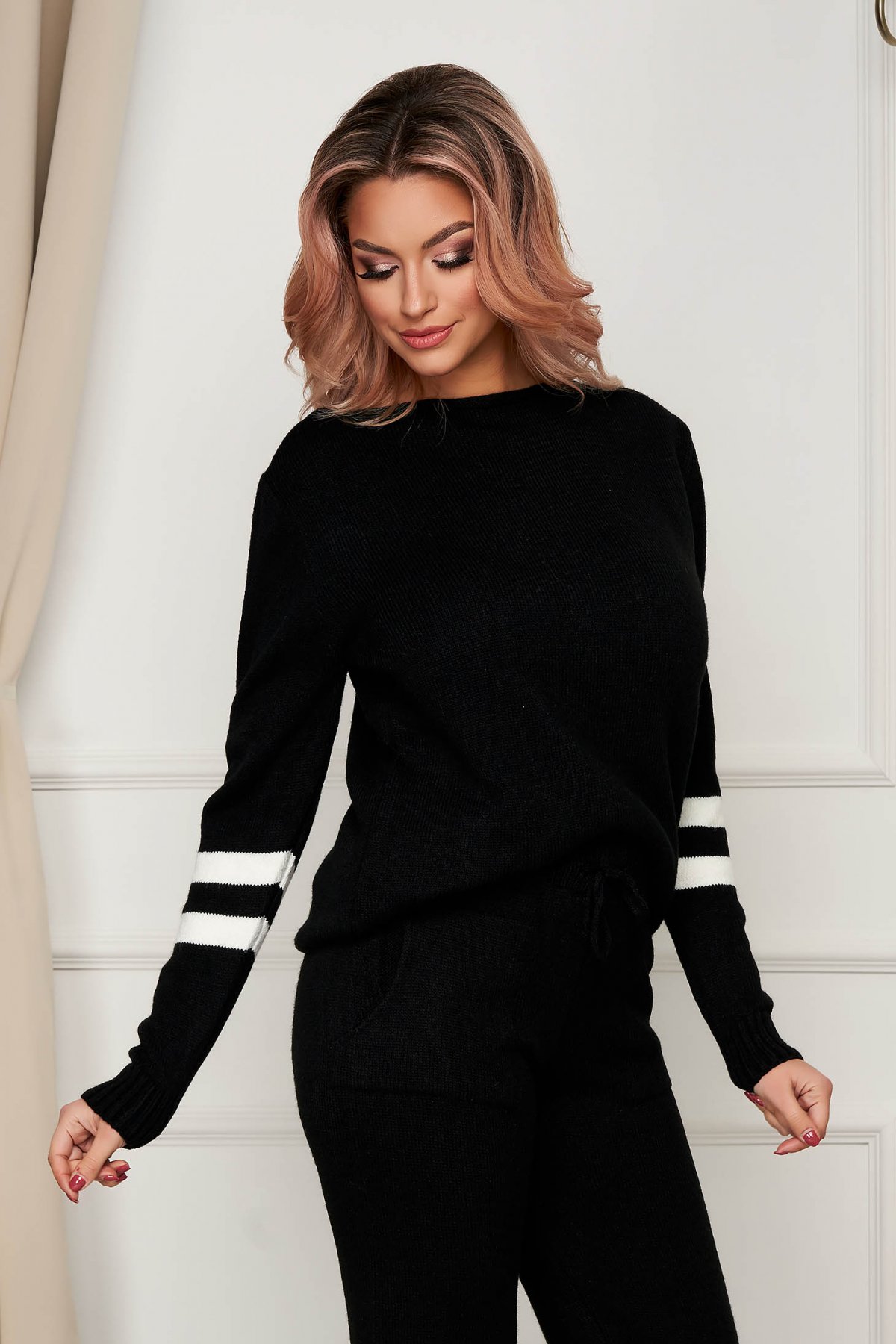Trening dama SunShine negru casual tricotat din doua piese cu pantaloni