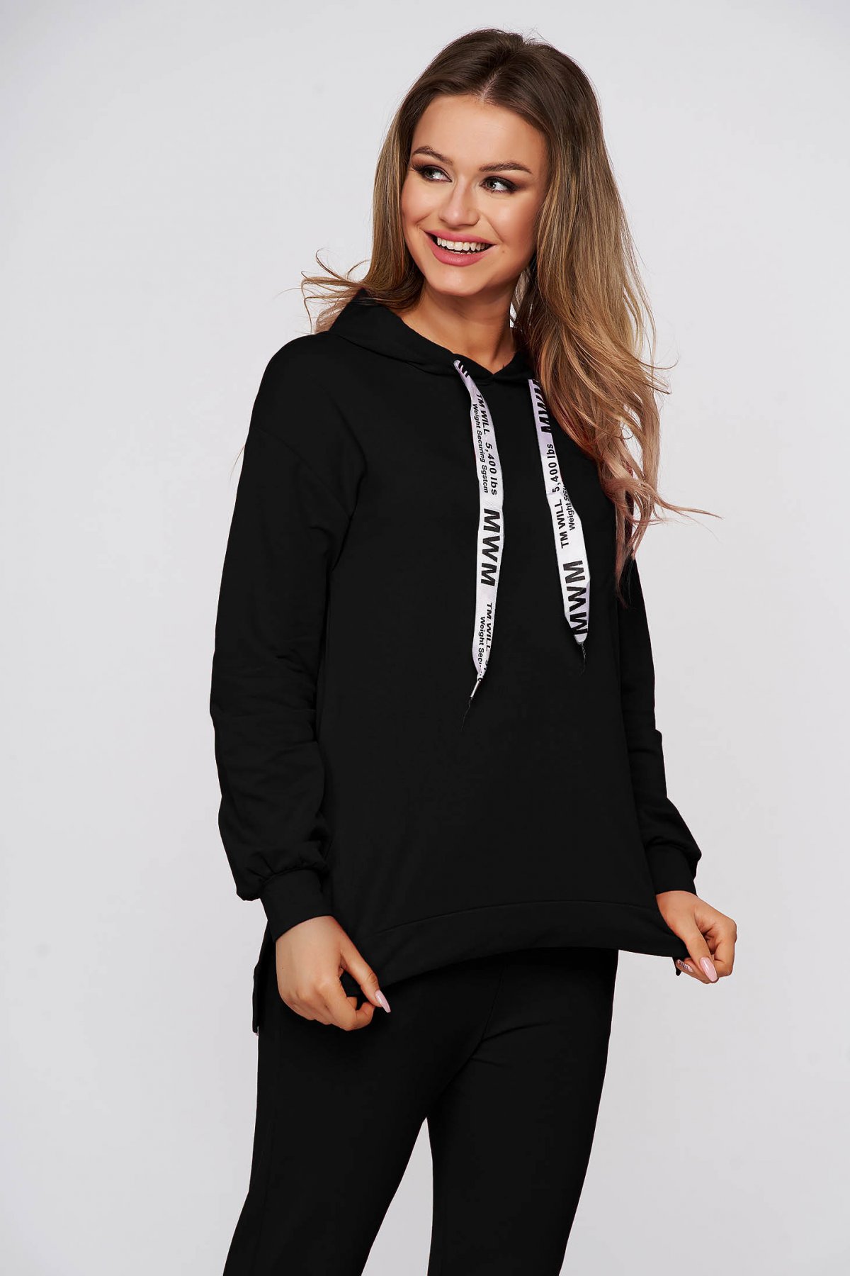 Trening SunShine negru din bumbac usor elastic cu buzunare si gluga