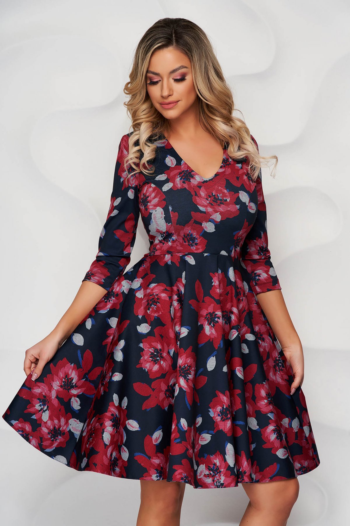 Rochie StarShinerS rosie cu imprimeu floral in clos din material usor elastic