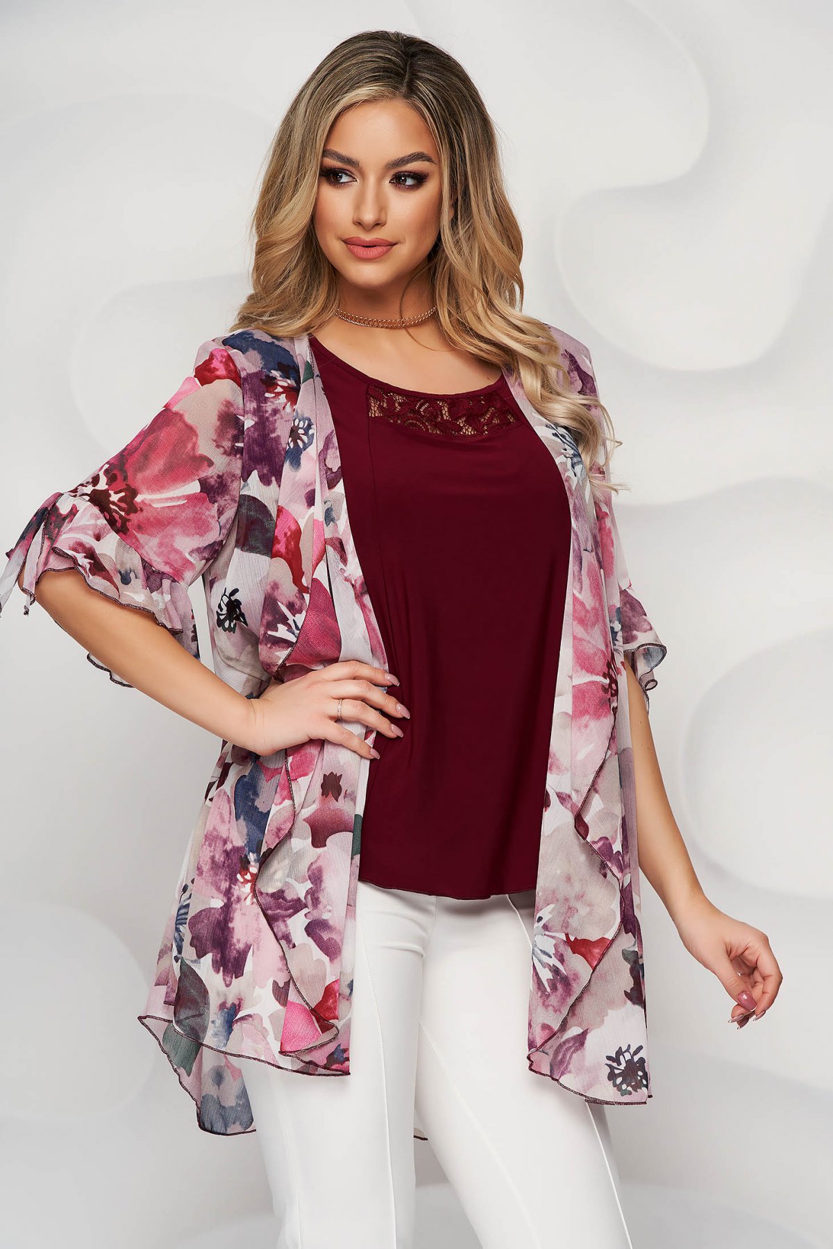 Bluza dama Lady Pandora cu suprapunere tip camasa visinie cu imprimeu floral cu dantela