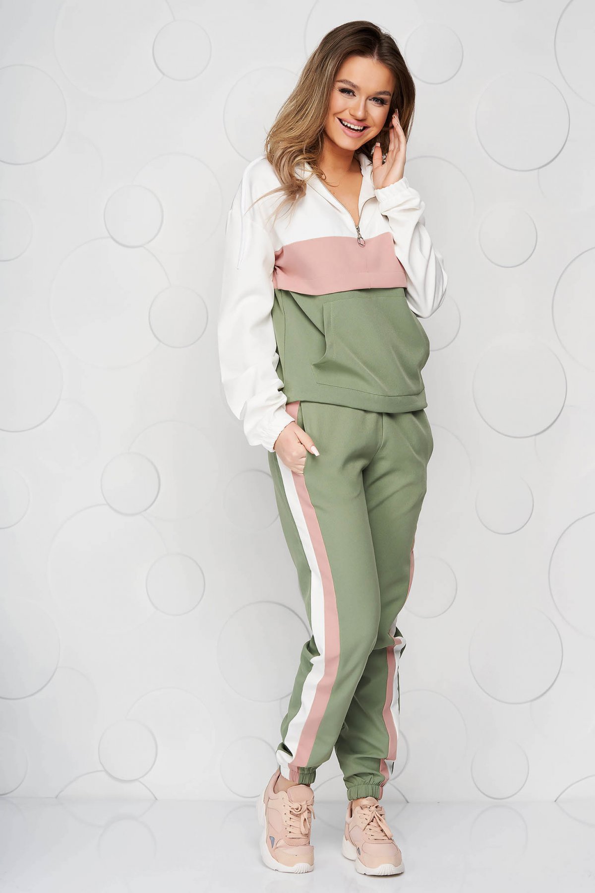 Trening SunShine khaki din 2 piese cu pantalon si hanorac