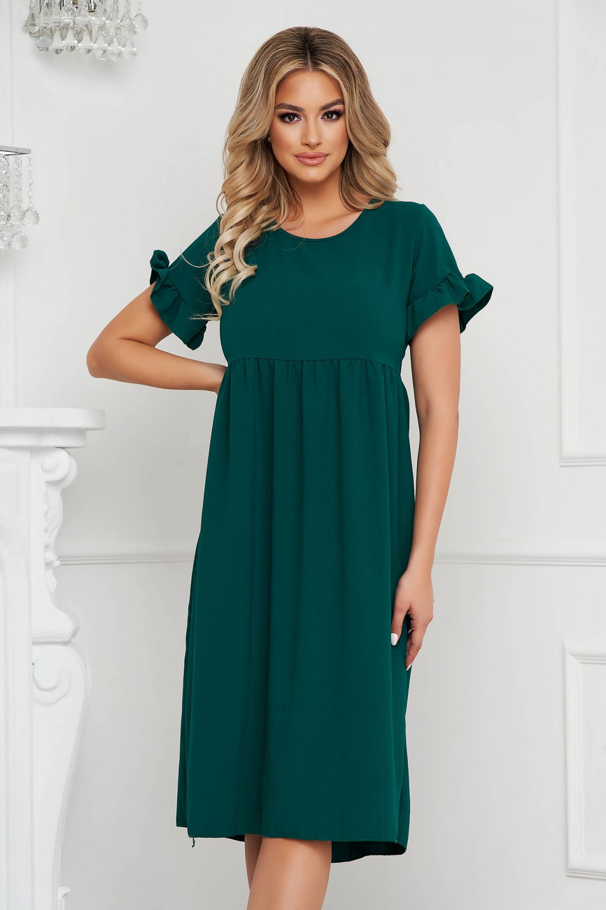 Rochie Lady Pandora verde-inchis midi cu croi larg din material subtire cu volanase la maneca