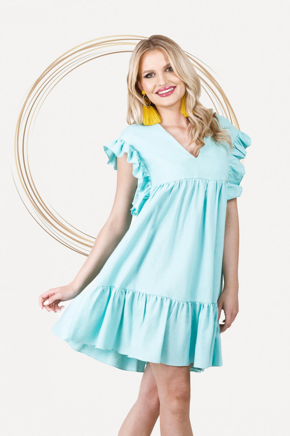 Rochie PrettyGirl mint din in scurta cu croi larg cu volanase si buzunare pret ieftin
