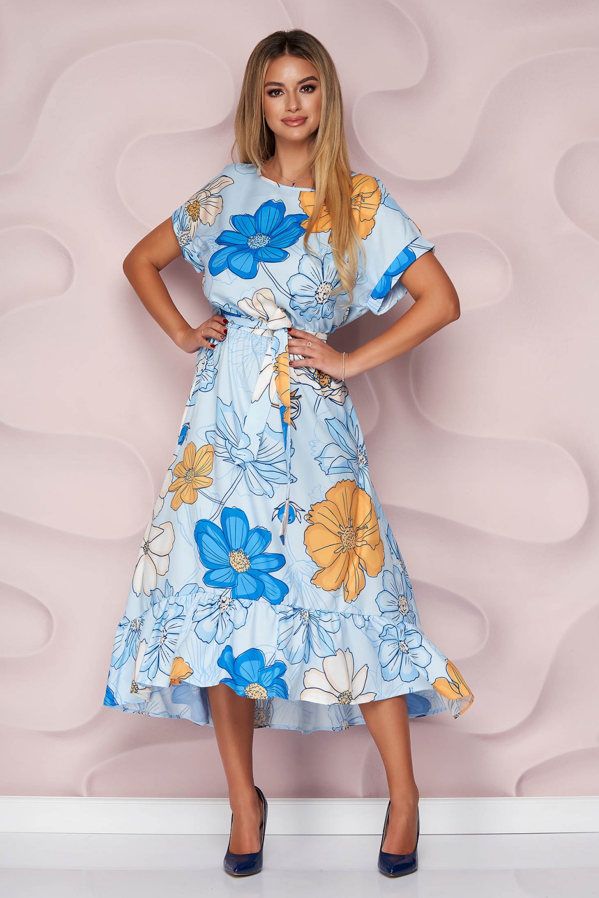 Rochie StarShinerS midi asimetrica in clos din stofa neelastica subtire cu volanase