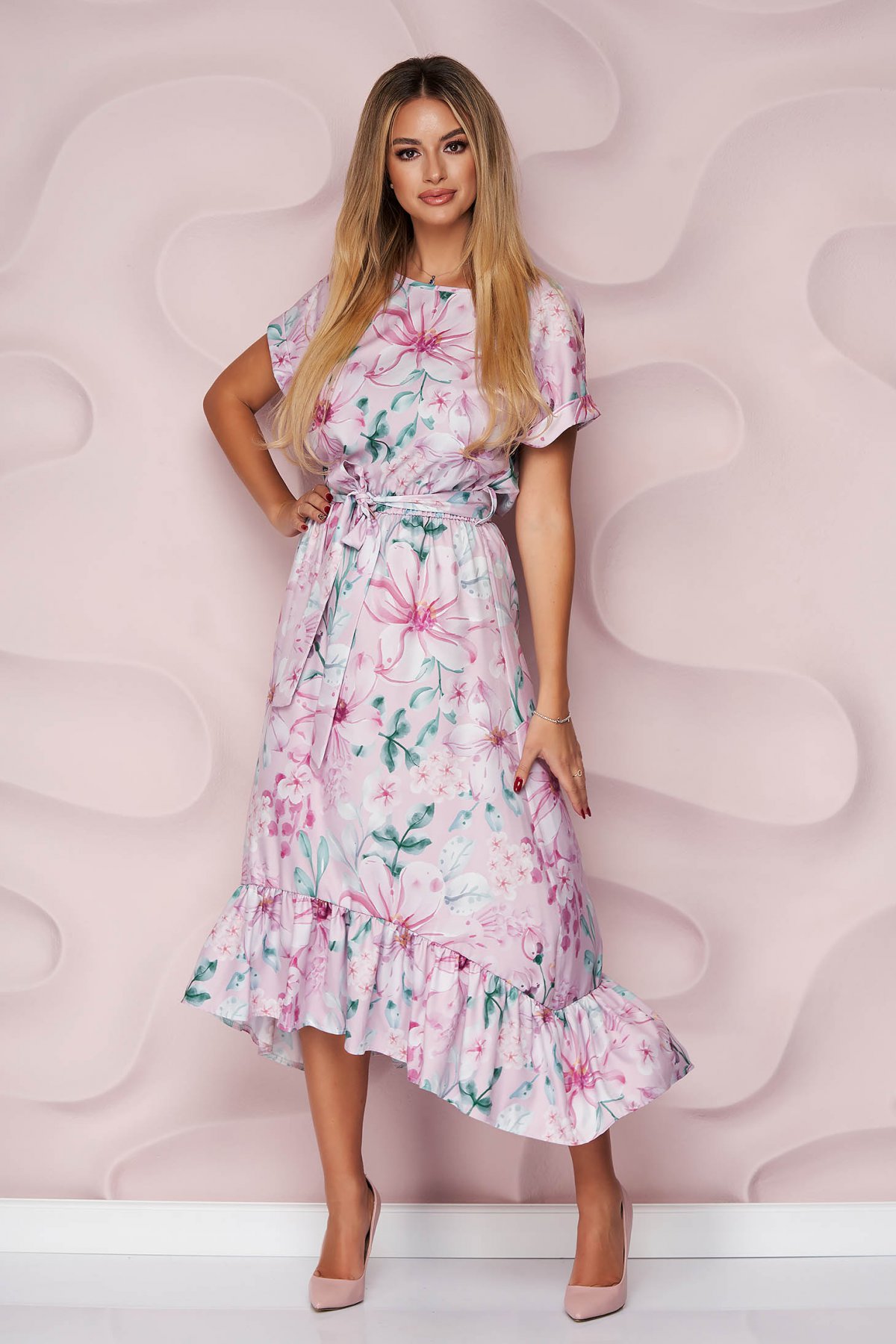 Rochie StarShinerS midi asimetrica in clos din stofa neelastica subtire cu volanase