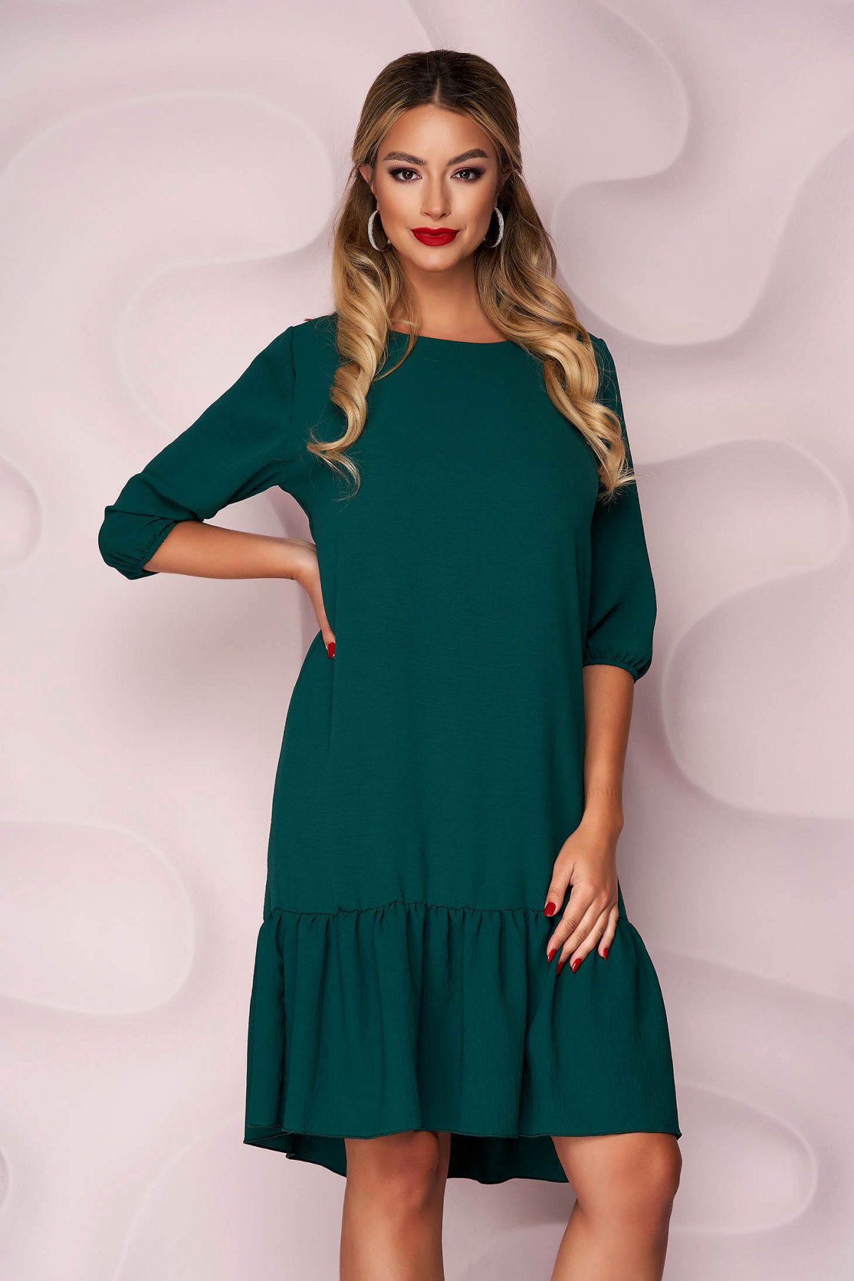 Rochie Lady Pandora verde-inchis din voal cu croi larg cu volanase si maneci trei-sferturi