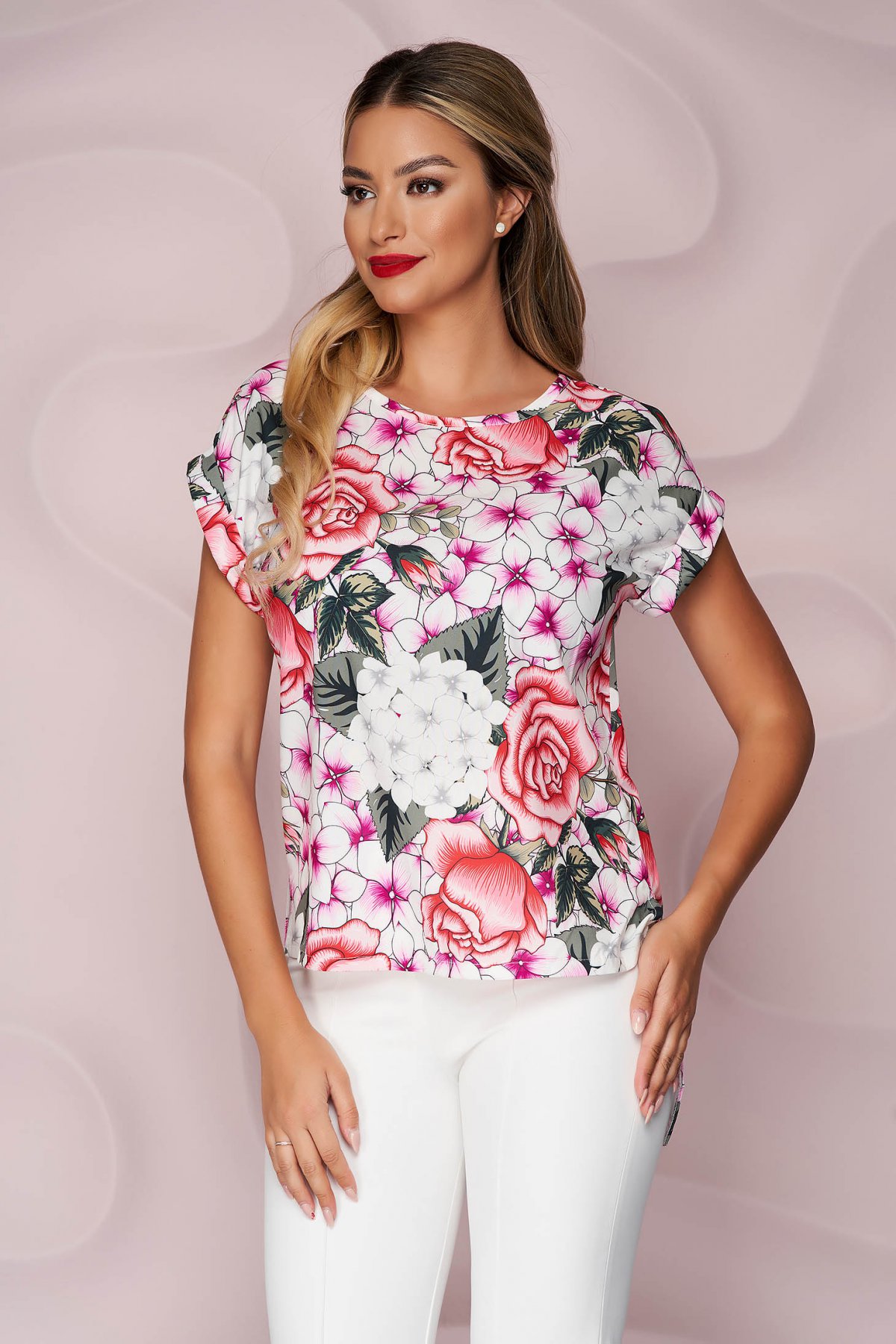 Bluza dama StarShinerS office asimetrica cu croi larg din material fin la atingere cu imprimeu floral unic