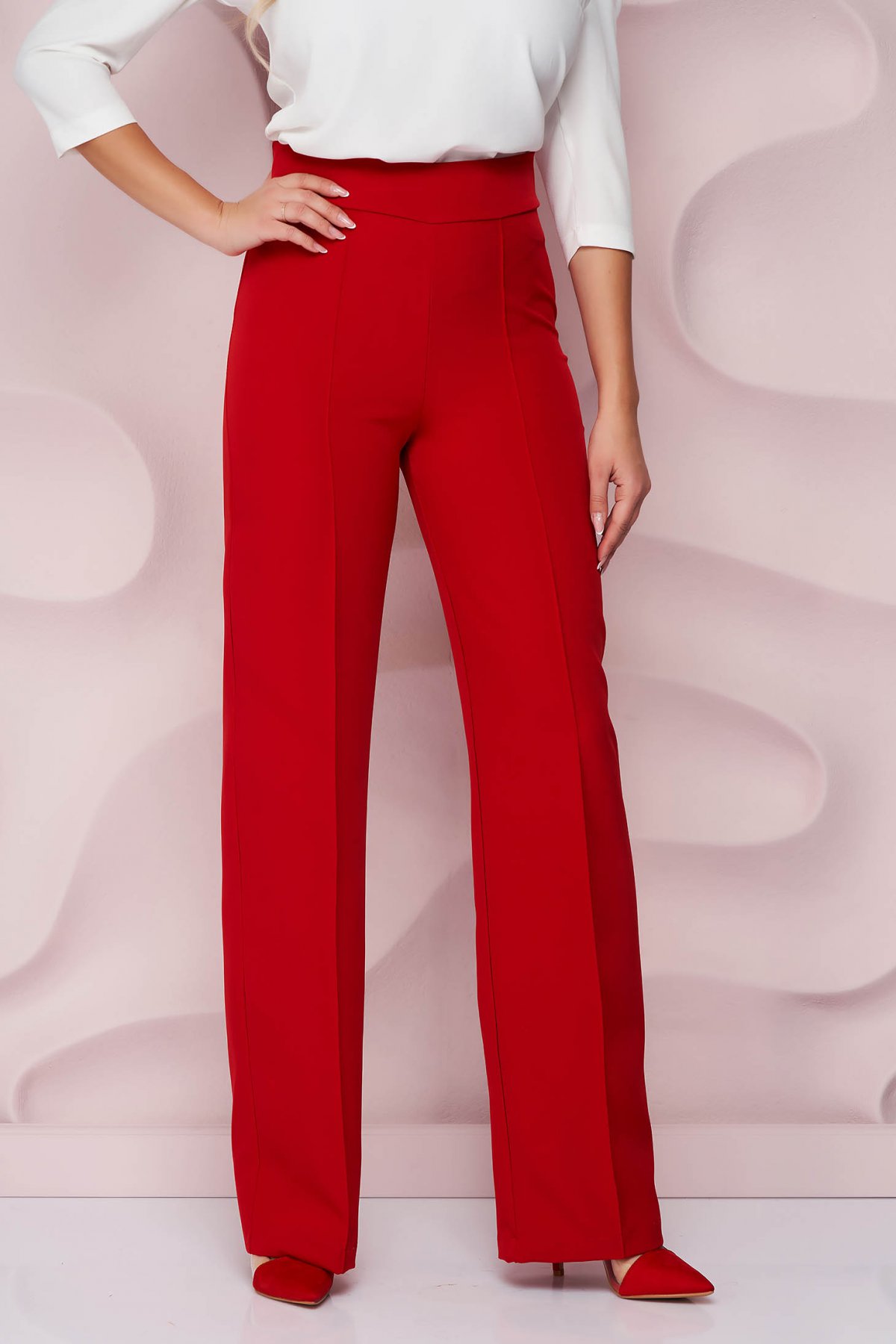 Pantaloni StarShinerS rosii eleganti cu talie inalta cu un croi evazat din stofa StarShinerS imagine 2022 13clothing.ro