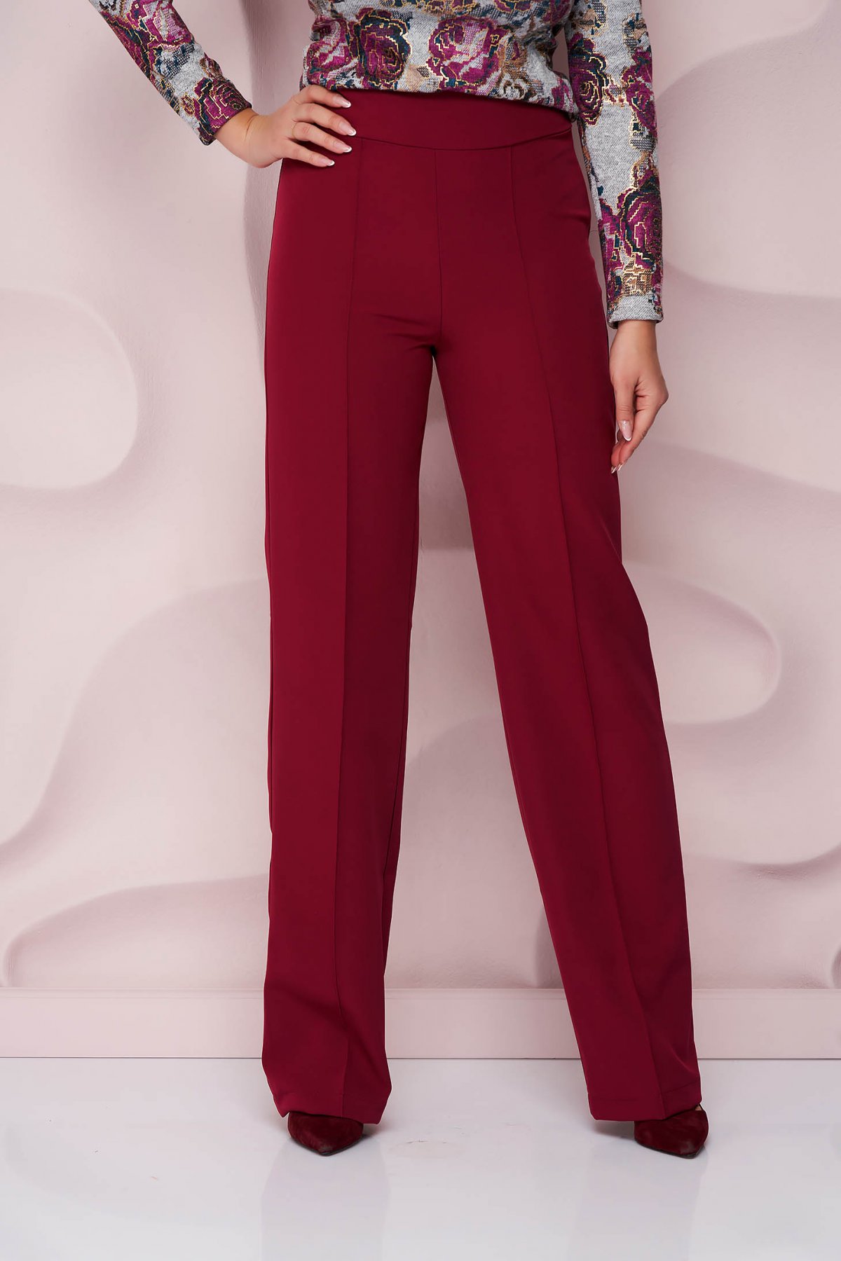 Pantaloni StarShinerS zmeura eleganti cu talie inalta cu un croi evazat din stofa StarShinerS imagine noua