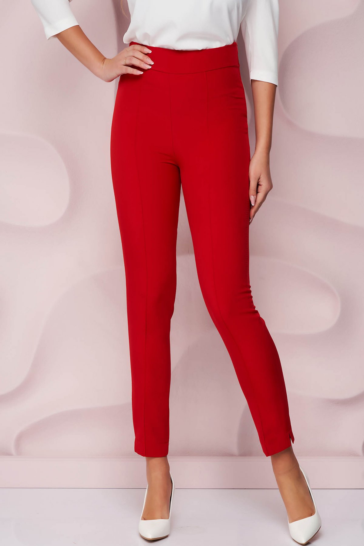 Pantaloni rosii eleganti conici cu talie inalta din stofa starshiners.ro imagine noua