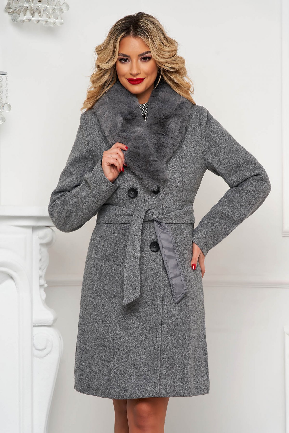 Palton din lana SunShine gri elegant cu blana ecologica detasabila starshiners.ro imagine noua