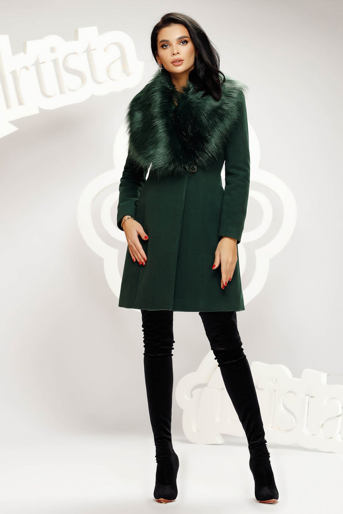 Palton Artista verde-inchis elegant cambrat accesorizat cu blana ecologica Artista imagine 2022 13clothing.ro