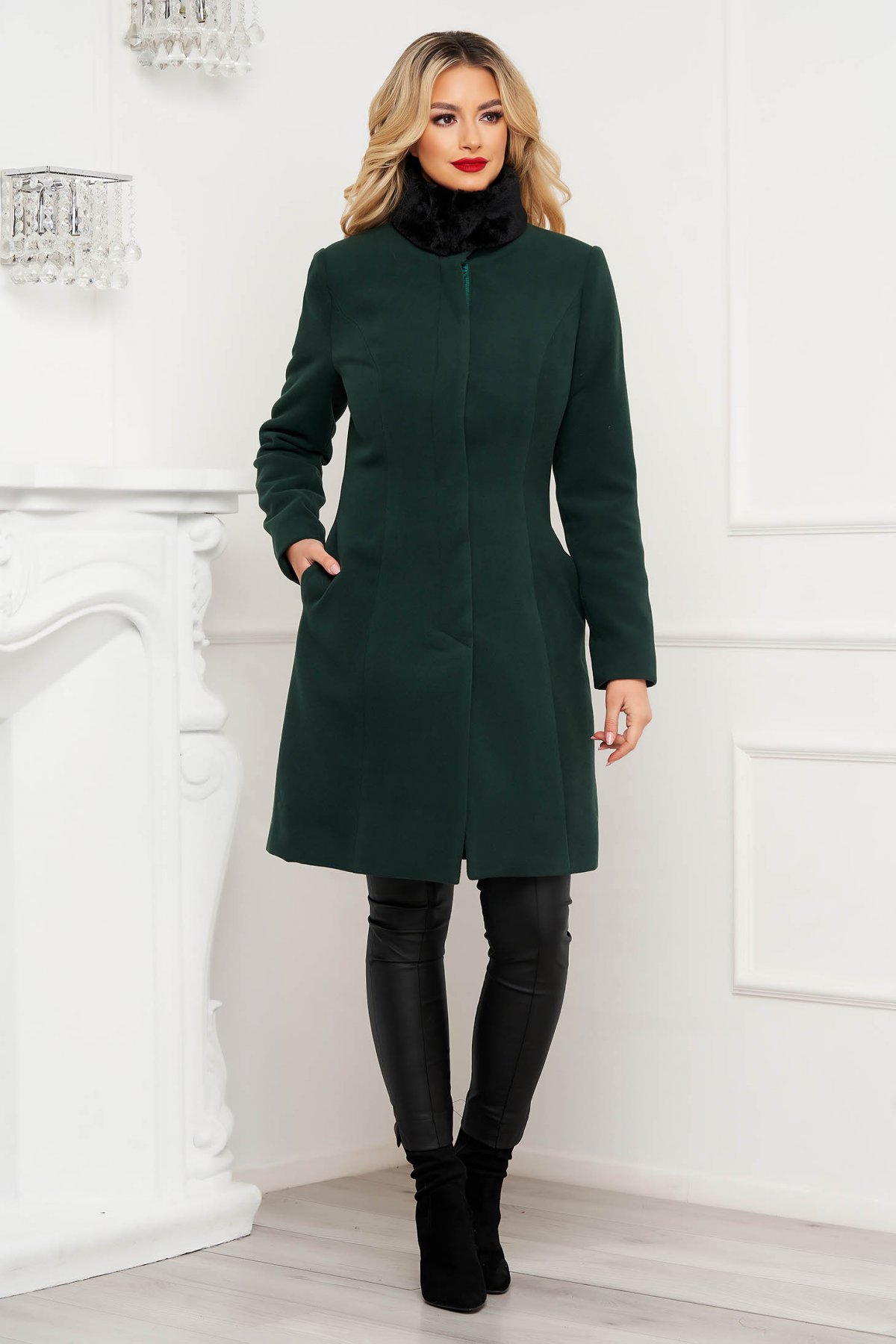Palton Artista verde cambrat elegant cu guler din blana detasabila Artista imagine 2022 13clothing.ro