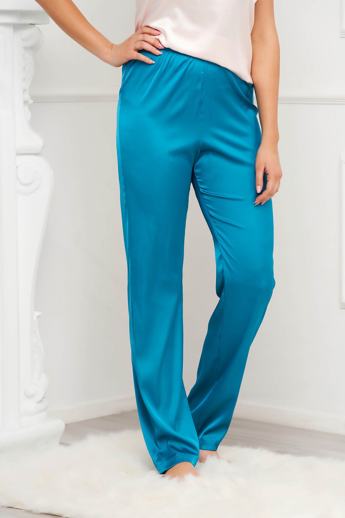 Pantaloni de pijama StarShinerS turcoaz din satin cu un croi drept si talie normala StarShinerS imagine 2022 13clothing.ro
