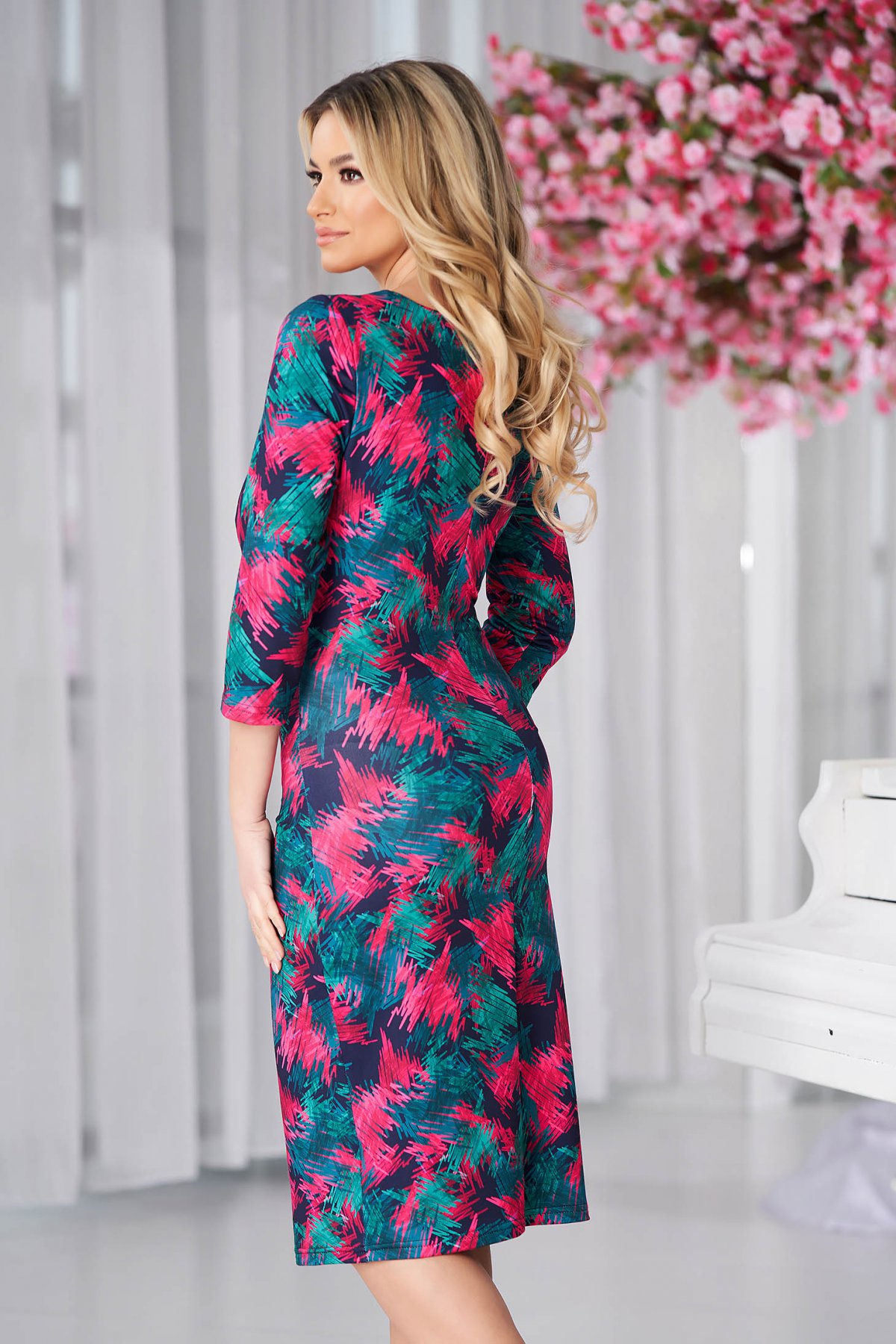 Rochie StarShinerS office din lycra midi tip creion cu maneci trei-sferturi pret ieftin