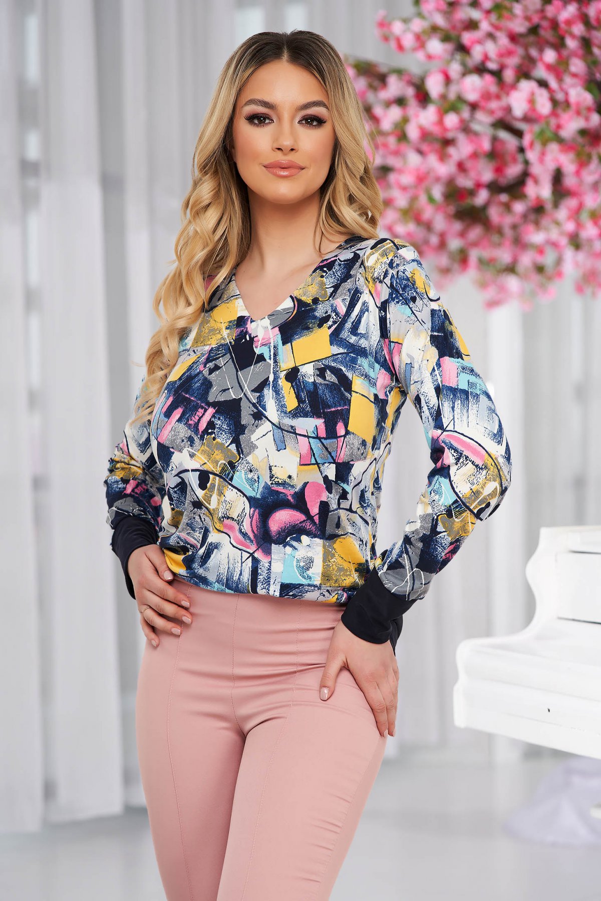 Bluza dama Lady Pandora cu croi larg din material elastic cu imprimeuri grafice