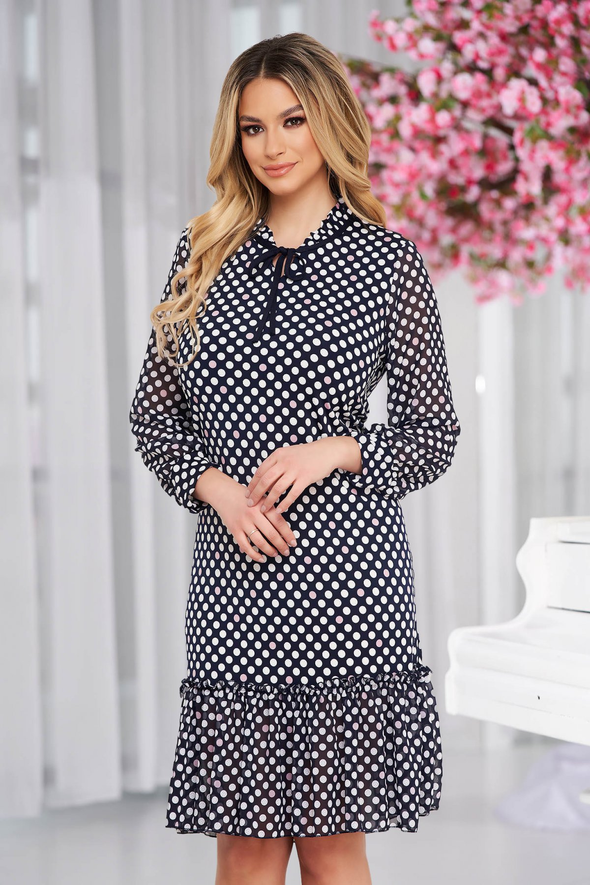 Rochie Lady Pandora midi cu maneci din voal cu volanase la baza rochiei