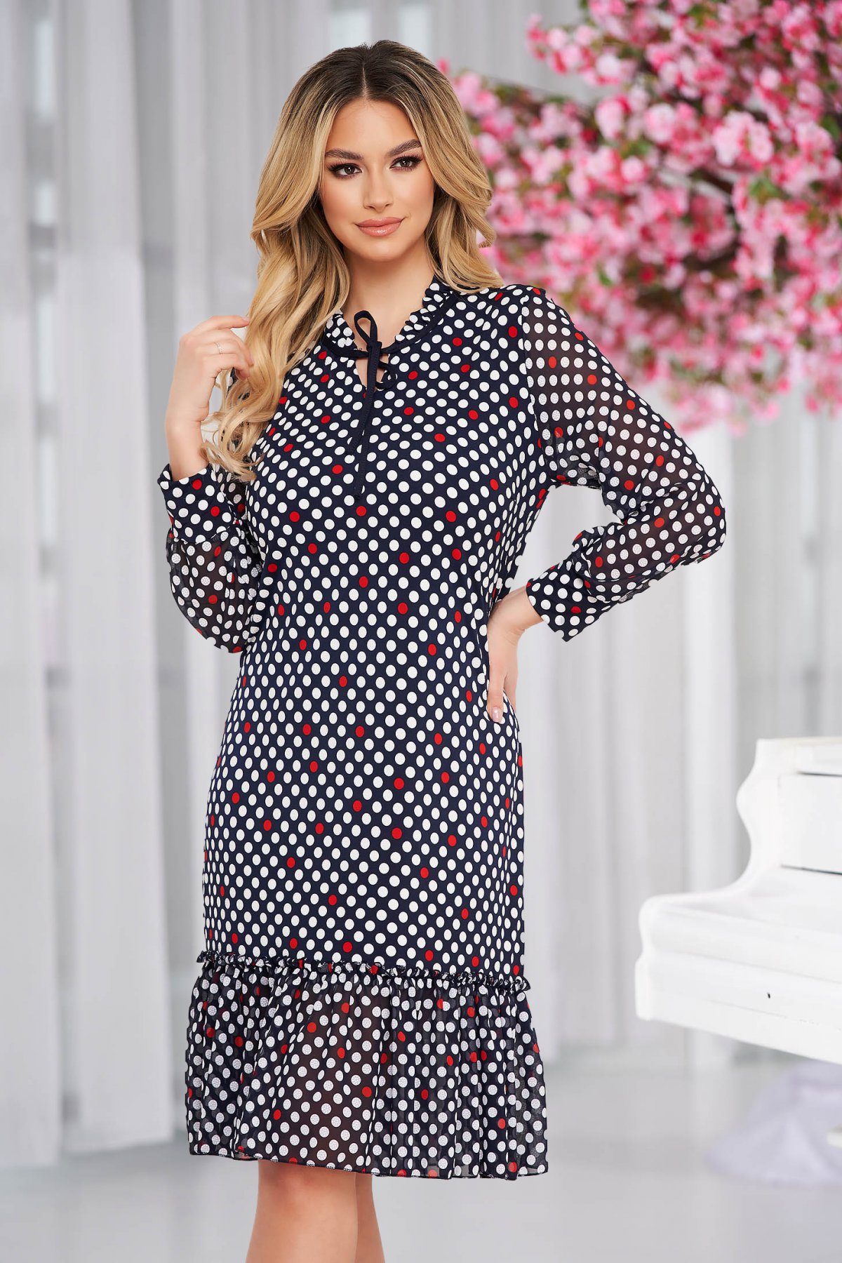 Rochie Lady Pandora midi cu maneci din voal cu volanase la baza rochiei
