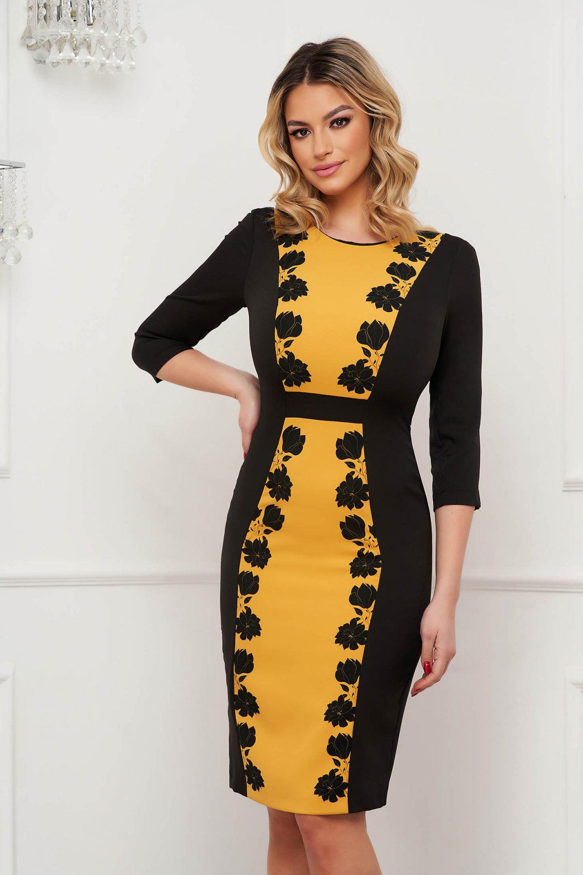 Rochie StarShinerS office tip creion din material neelastic cu imprimeu floral
