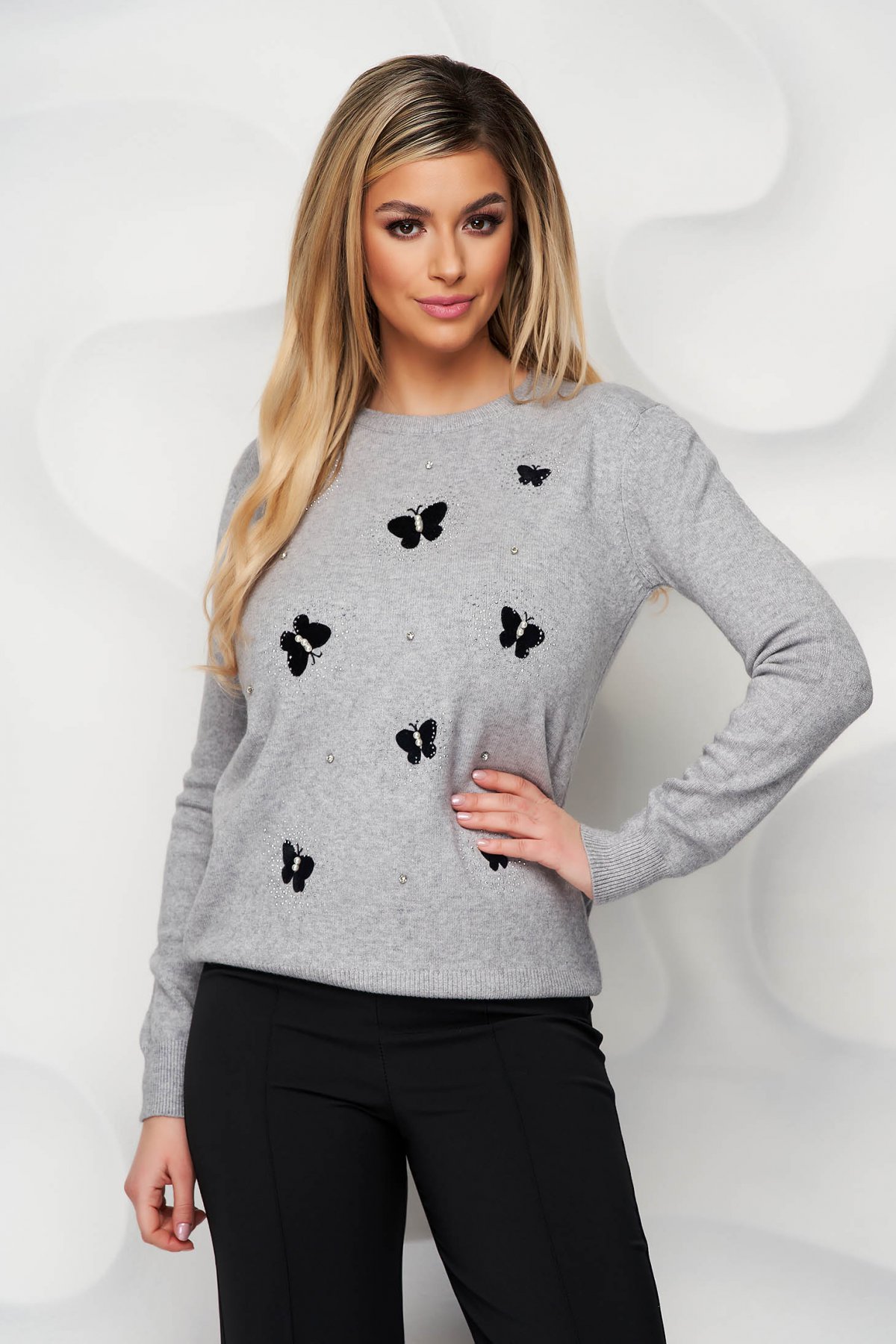 Bluza dama gri tricotata perle cu pietre strass