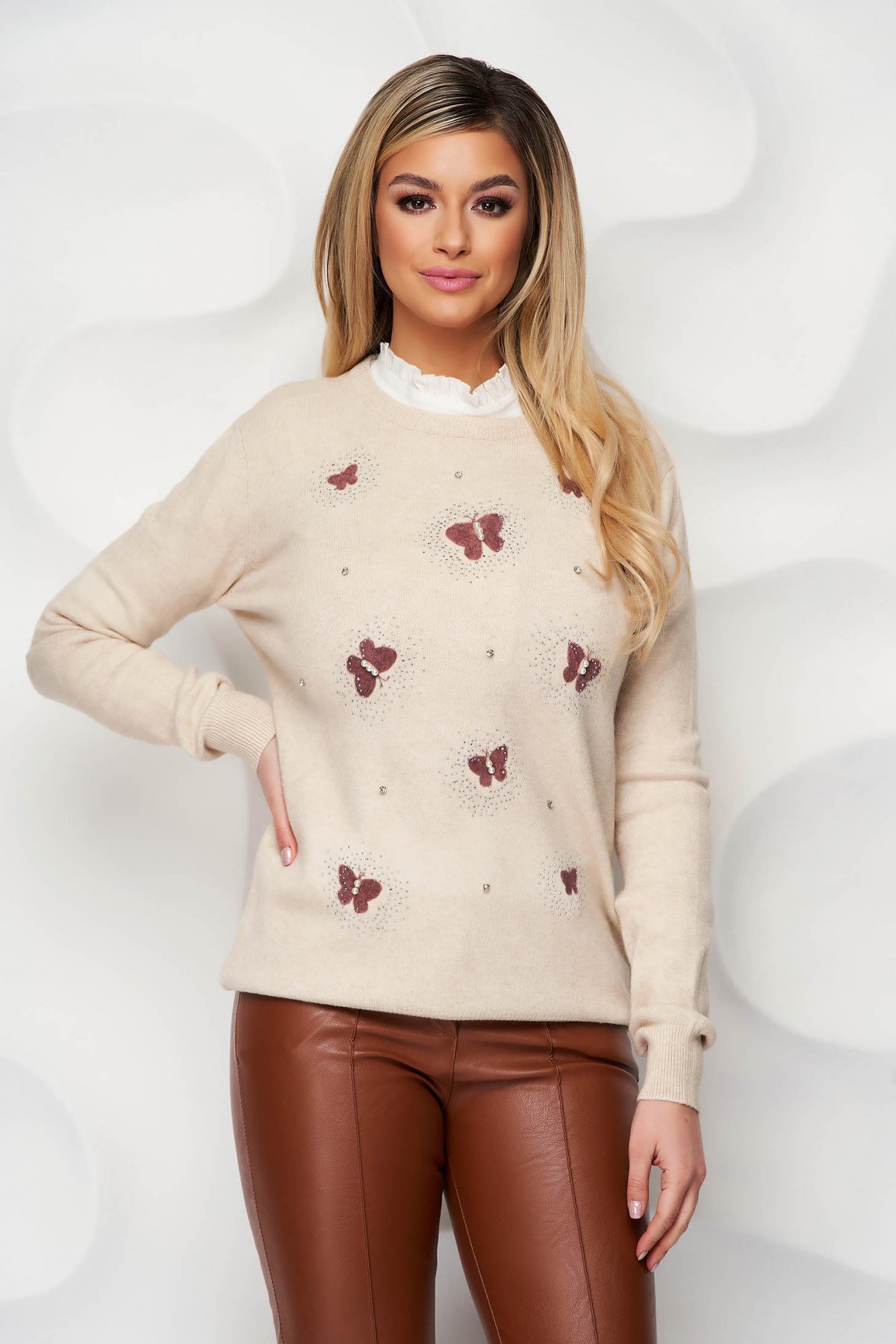 Bluza dama crem tricotata perle cu pietre strass