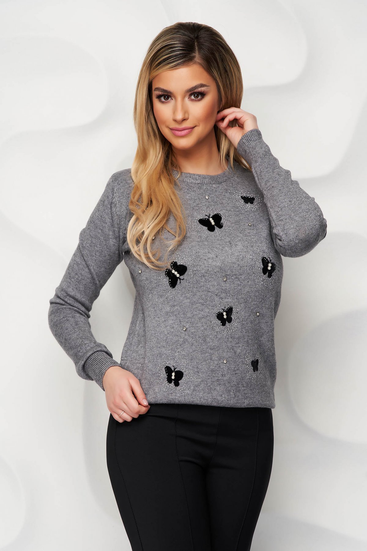 Bluza dama gri-inchis tricotata perle cu pietre strass