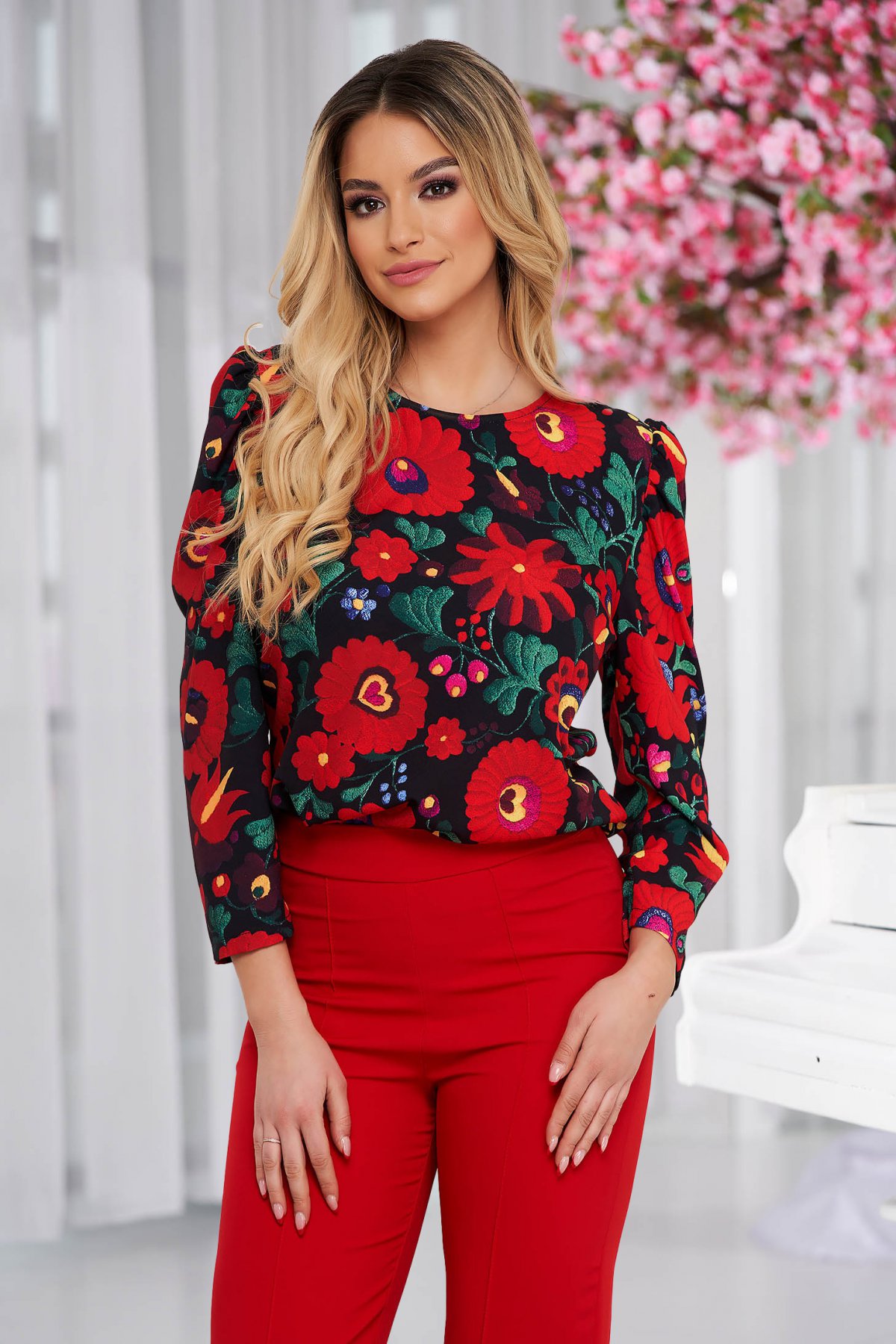 Bluza dama StarShinerS office cu umeri cu volum cu imprimeu floral unic StarShinerS imagine 2022 13clothing.ro