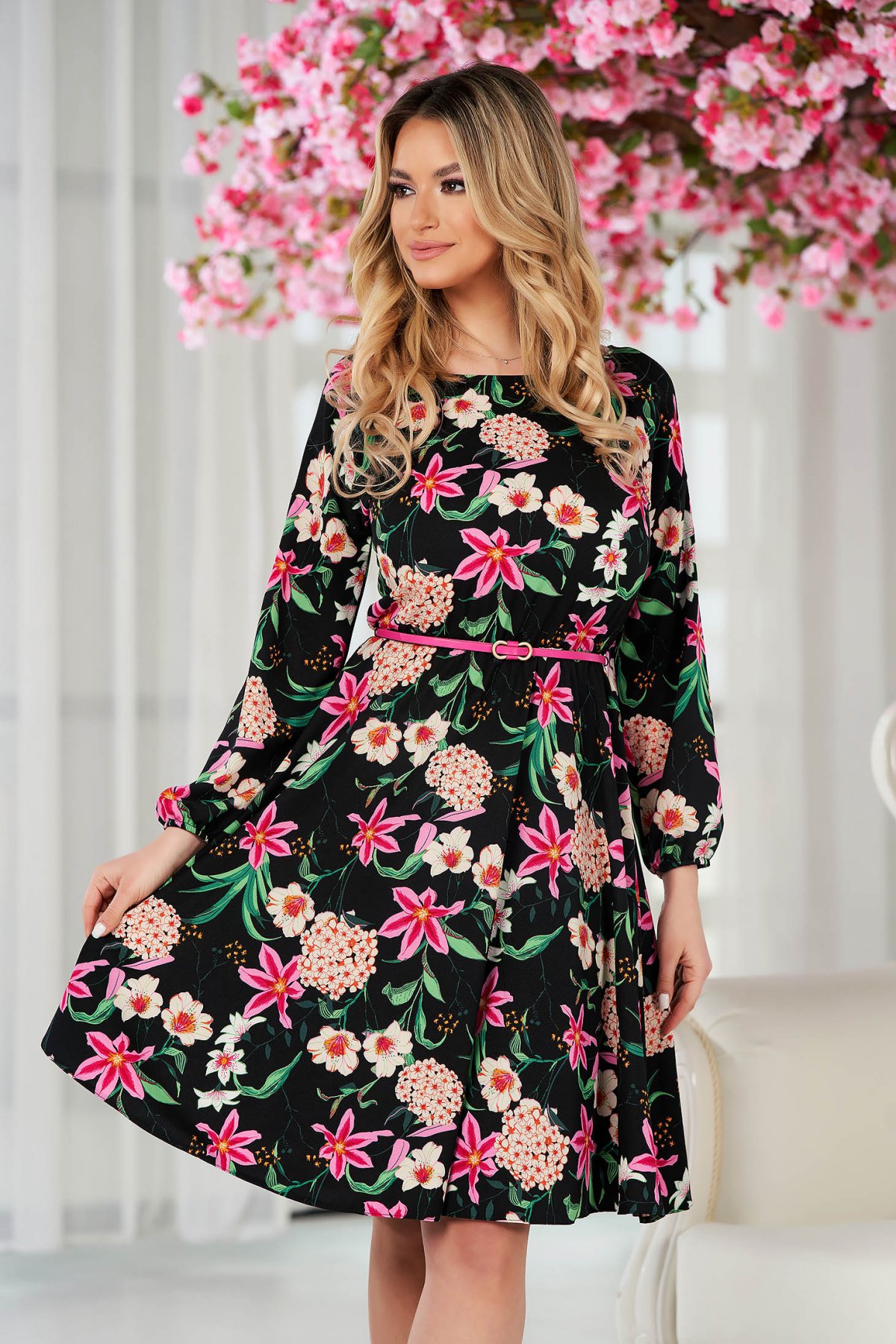 Rochie StarShinerS office midi clos cu elastic in talie din material subtire
