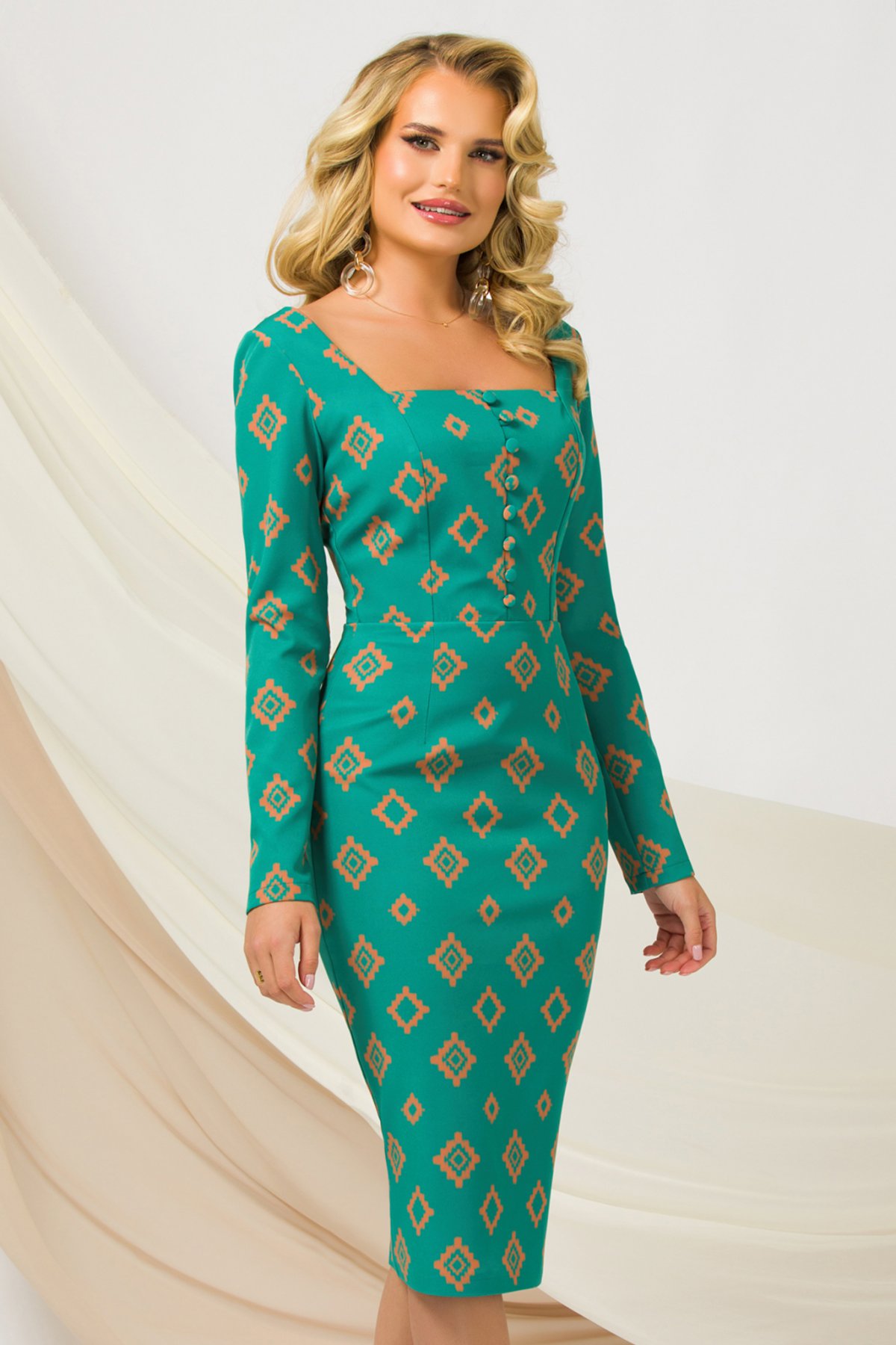 Rochie PrettyGirl verde eleganta tip creion cu maneci lungi si decolteu patrat