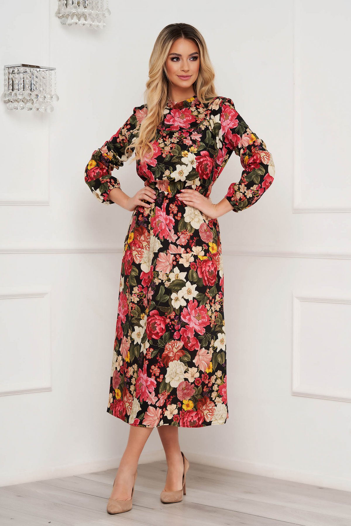 Rochie SunShine lunga in clos cu elastic in talie din material tip in usor pe gat