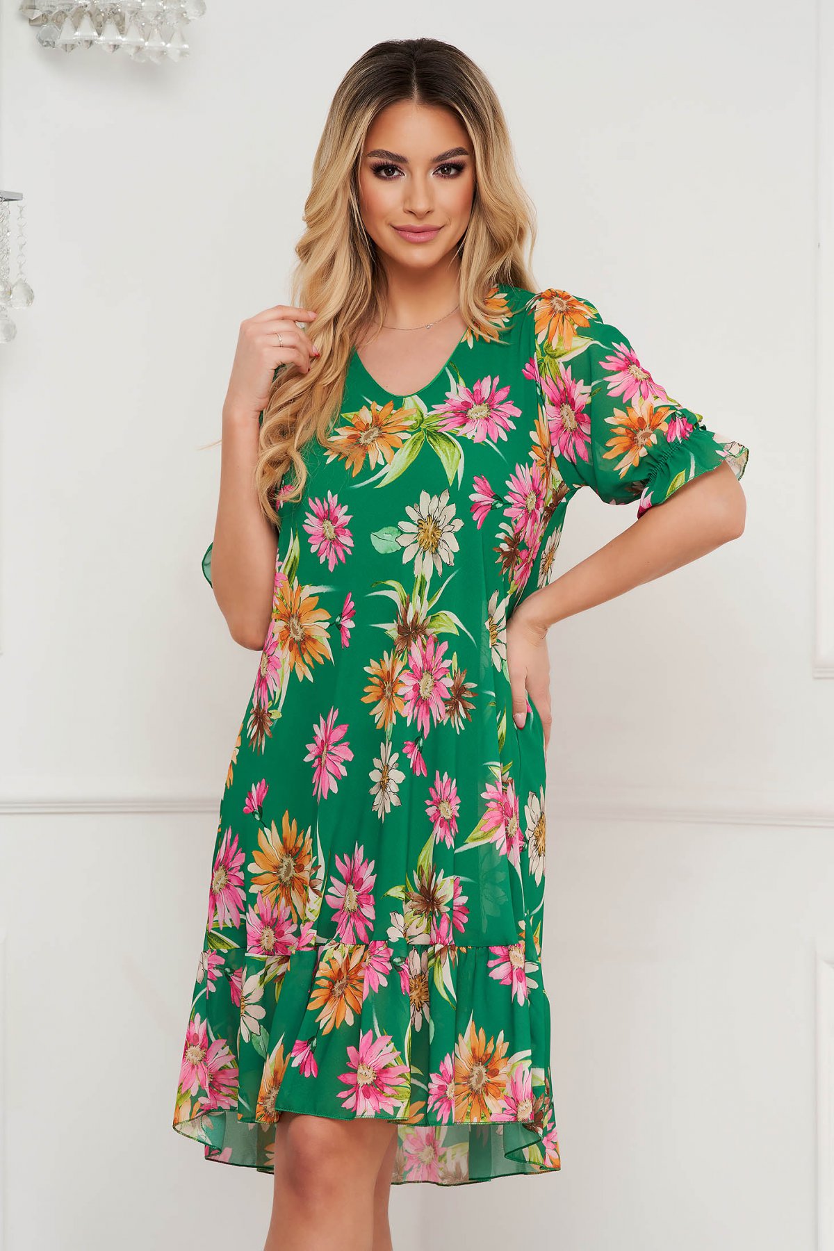 Rochie SunShine din voal cu croi in a scurta cu volanase la maneca
