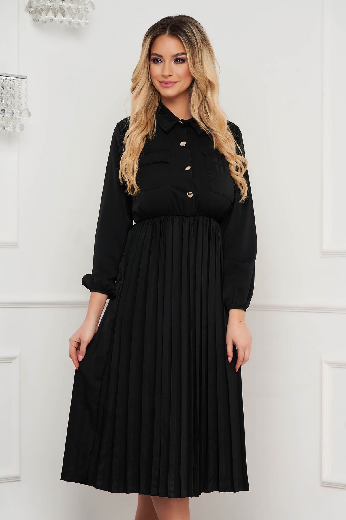 Rochie SunShine neagra midi din material fin la atingere cu elastic in talie