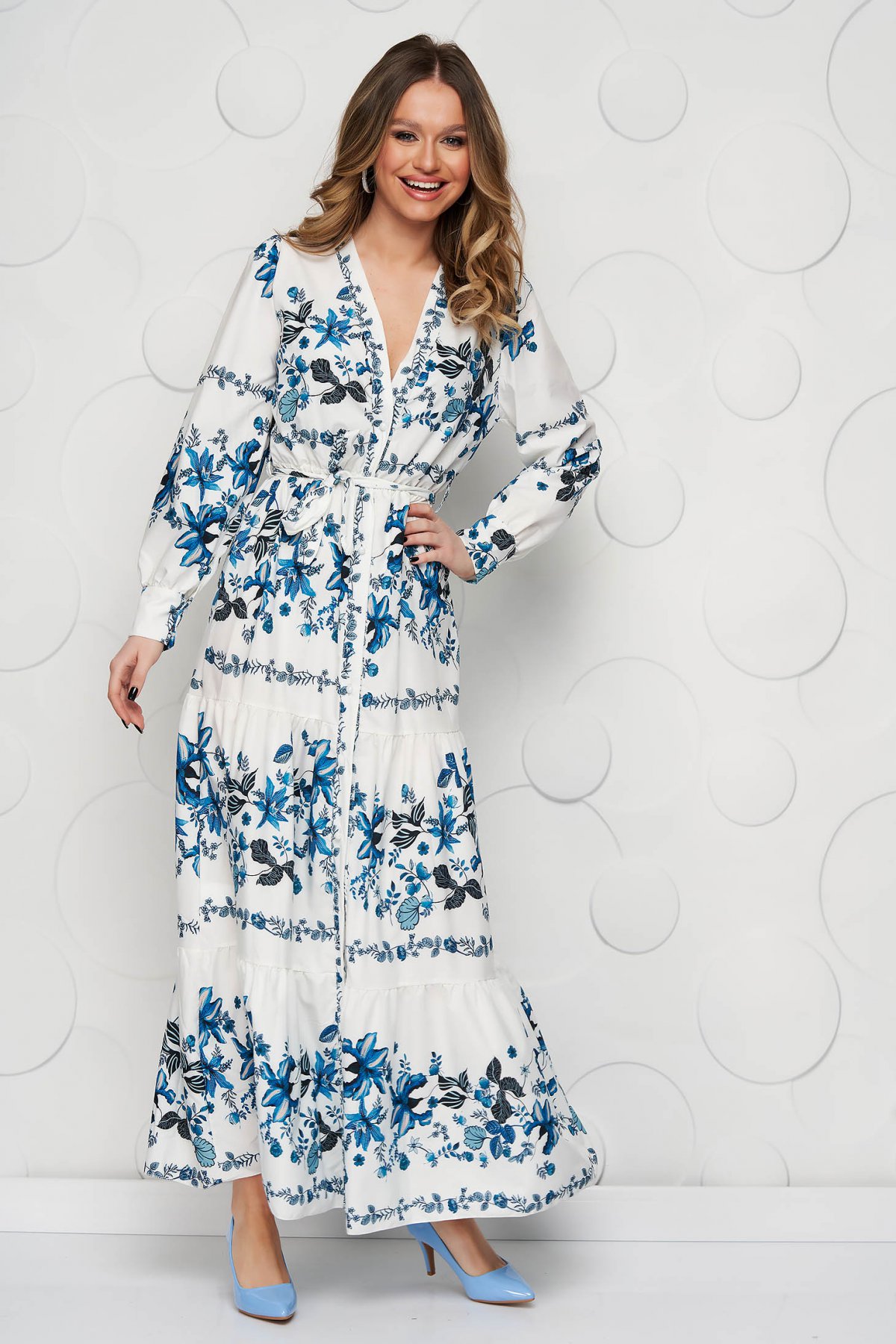 Rochie SunShine din material fin la atingere cu elastic in talie si inchidere in fata
