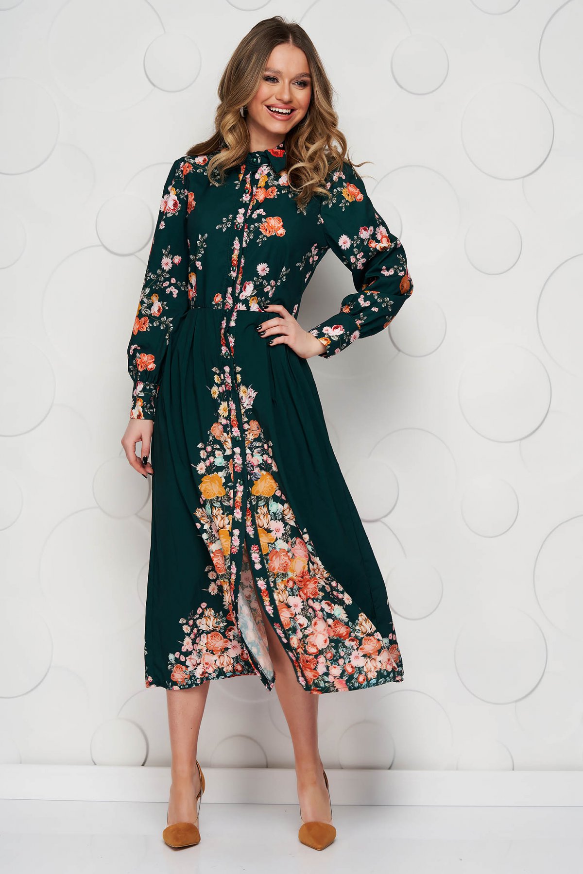 Rochie SunShine midi din material elastic si fin cu pliuri in zona taliei