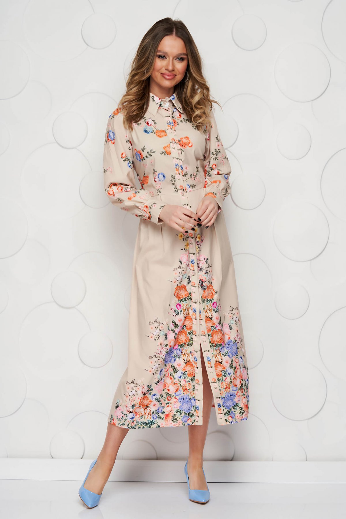 Rochie SunShine midi din material elastic si fin cu pliuri in zona taliei