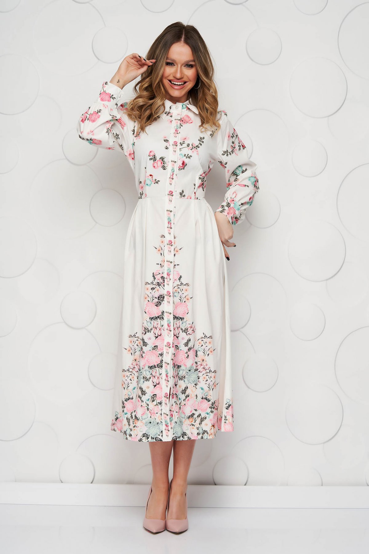 Rochie SunShine midi din material elastic si fin cu pliuri in zona taliei