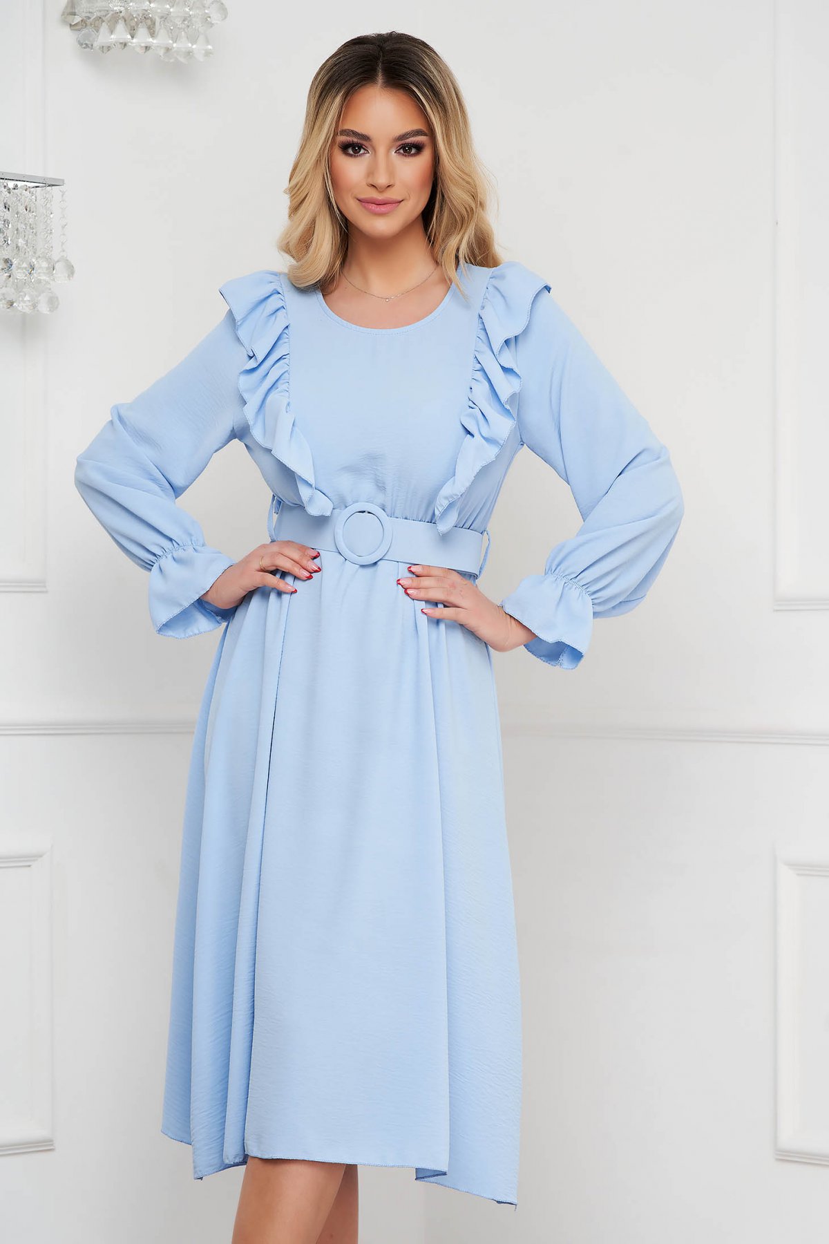 Rochie SunShine albastru-deschis midi din material subtire cu volanase