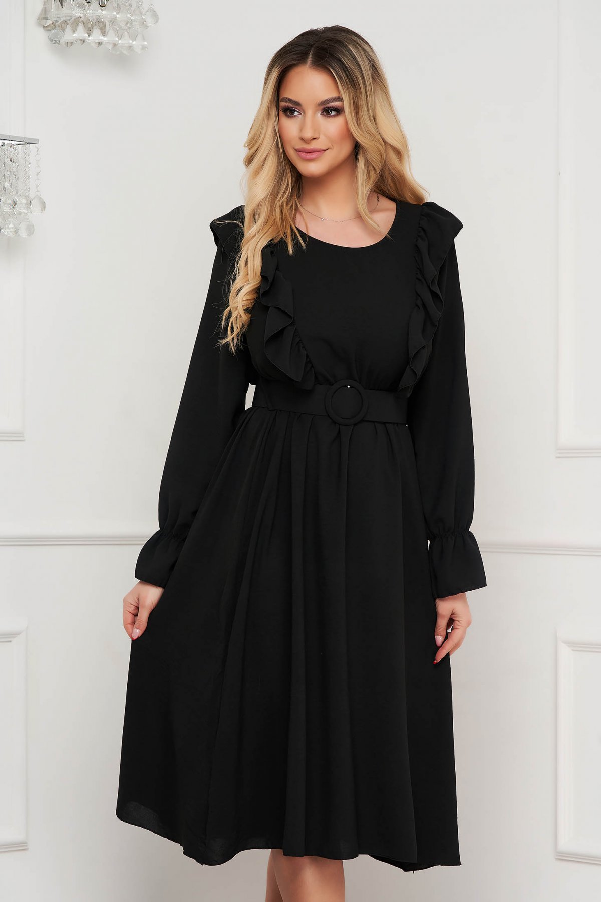 Rochie SunShine neagra midi din material subtire cu volanase