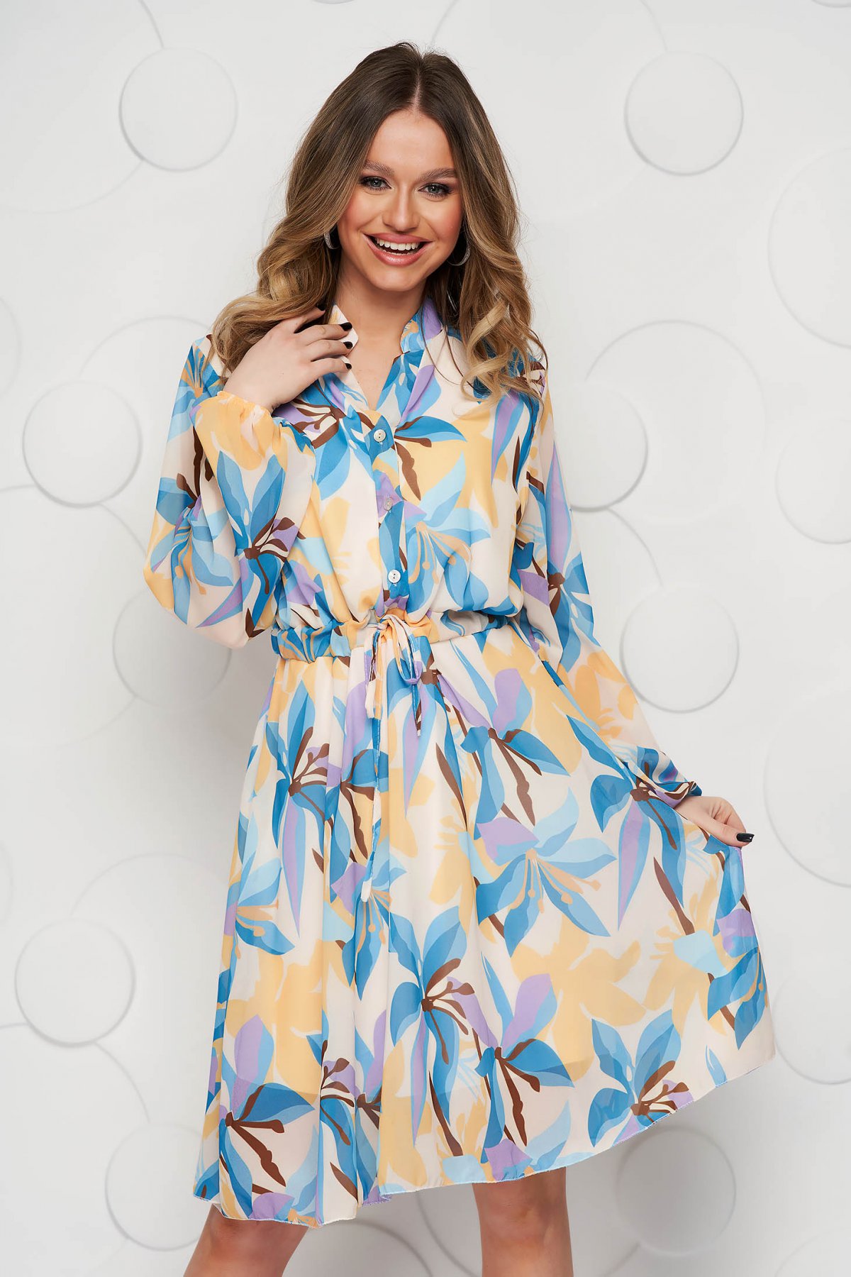 Rochie SunShine din voal in clos cu imprimeu floral si snur in talie