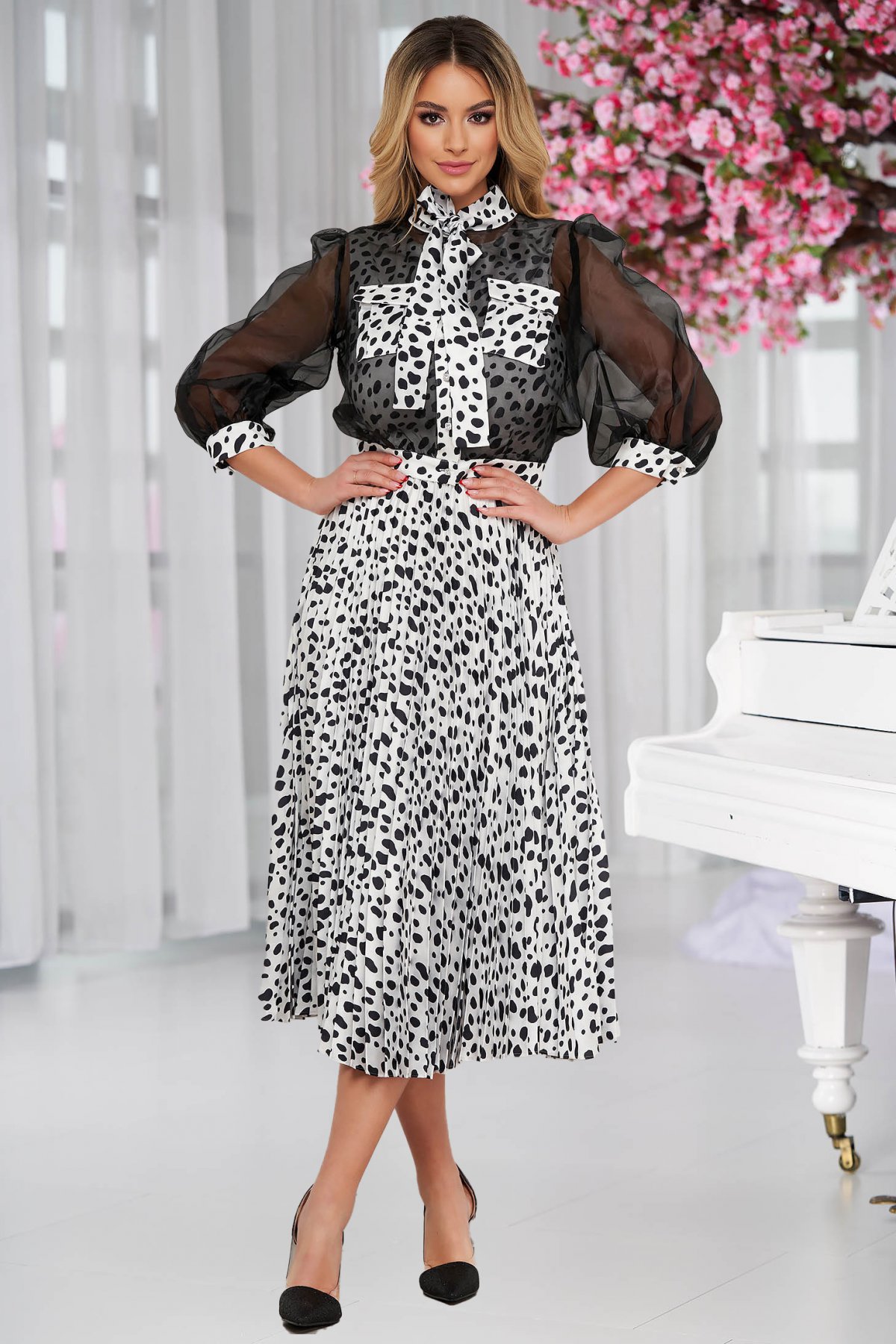 Set din doua piese elegant midi in clos din satin si organza
