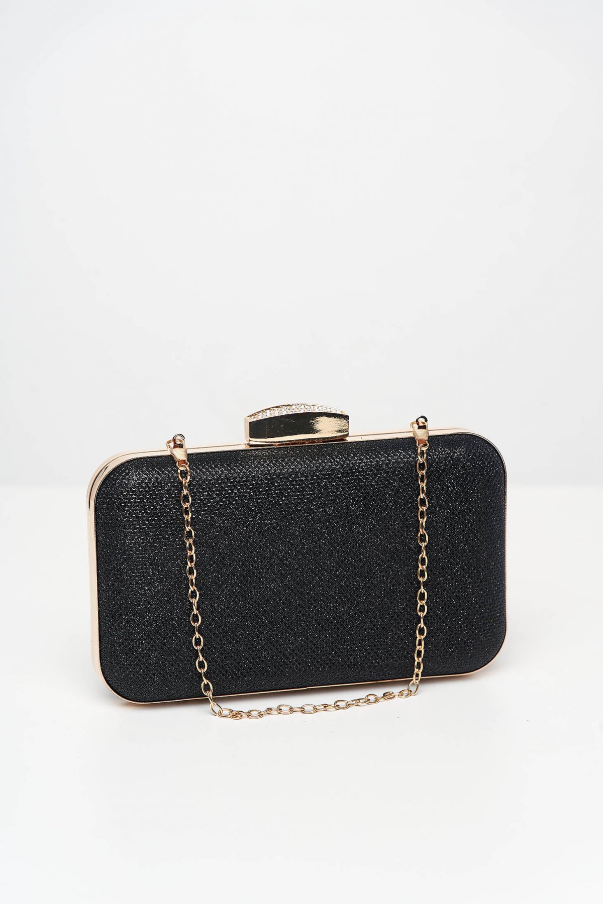 Clutch negru de ocazie accesorizat cu lantisor detasabil si aplicatii cu pietre strass