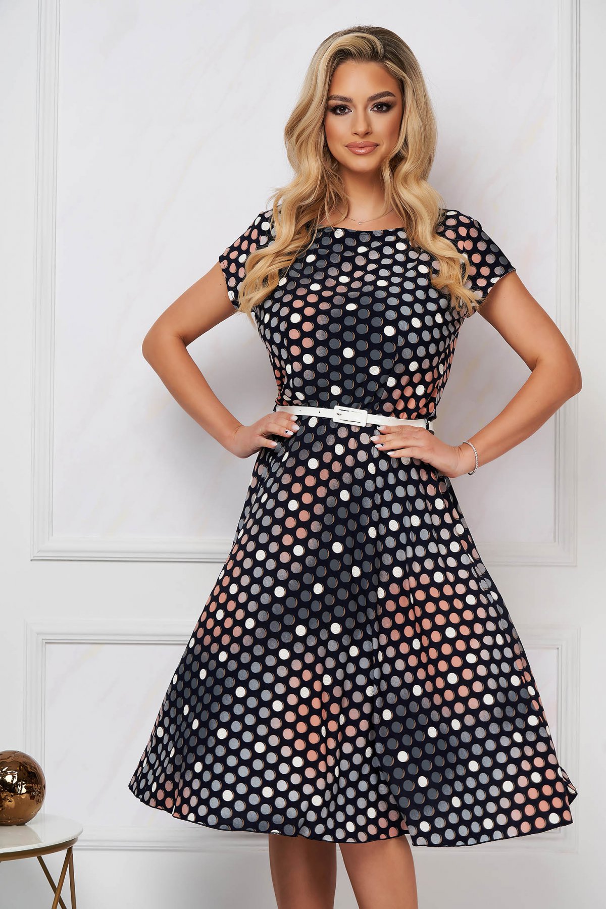 Rochie Lady Pandora midi in clos cu elastic in talie din lycra cu buline