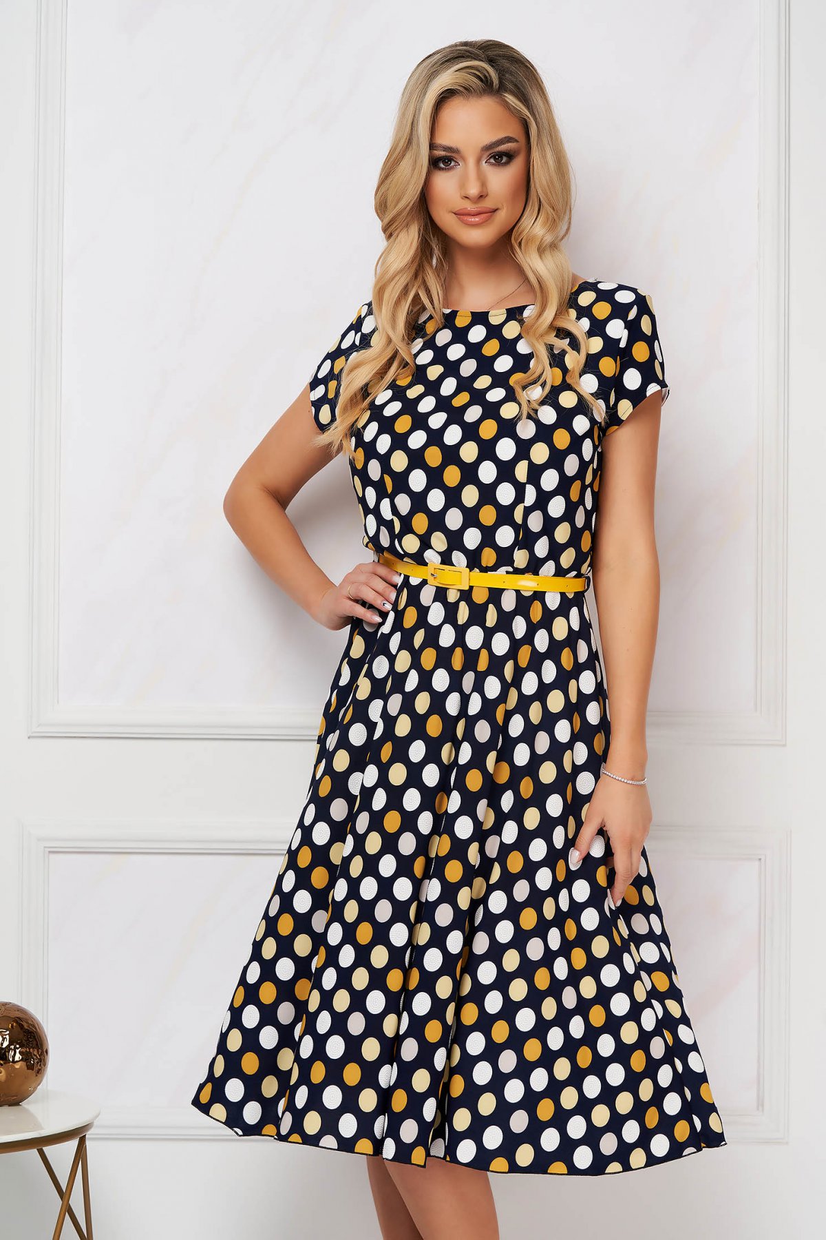 Rochie Lady Pandora midi in clos cu elastic in talie din lycra cu buline