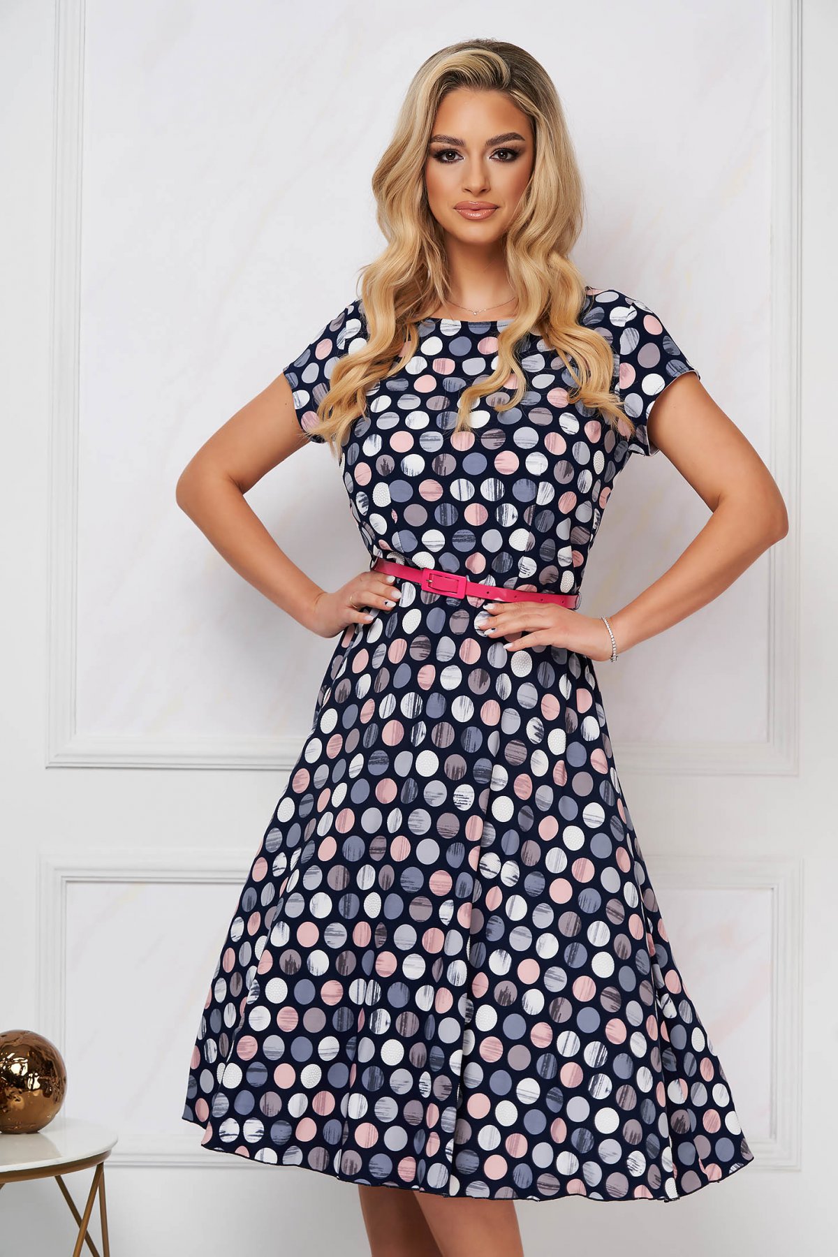 Rochie Lady Pandora midi in clos cu elastic in talie din lycra cu buline
