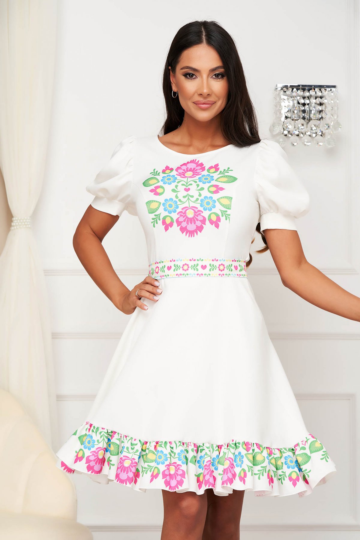 Rochie StarShinerS office midi in clos din stofa elastica cu imprimeu floral unic